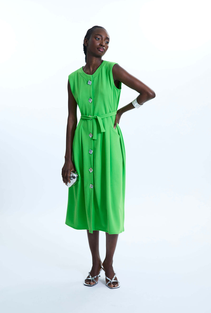 Buttoned Pocket Sleeveless Midi Dress Green