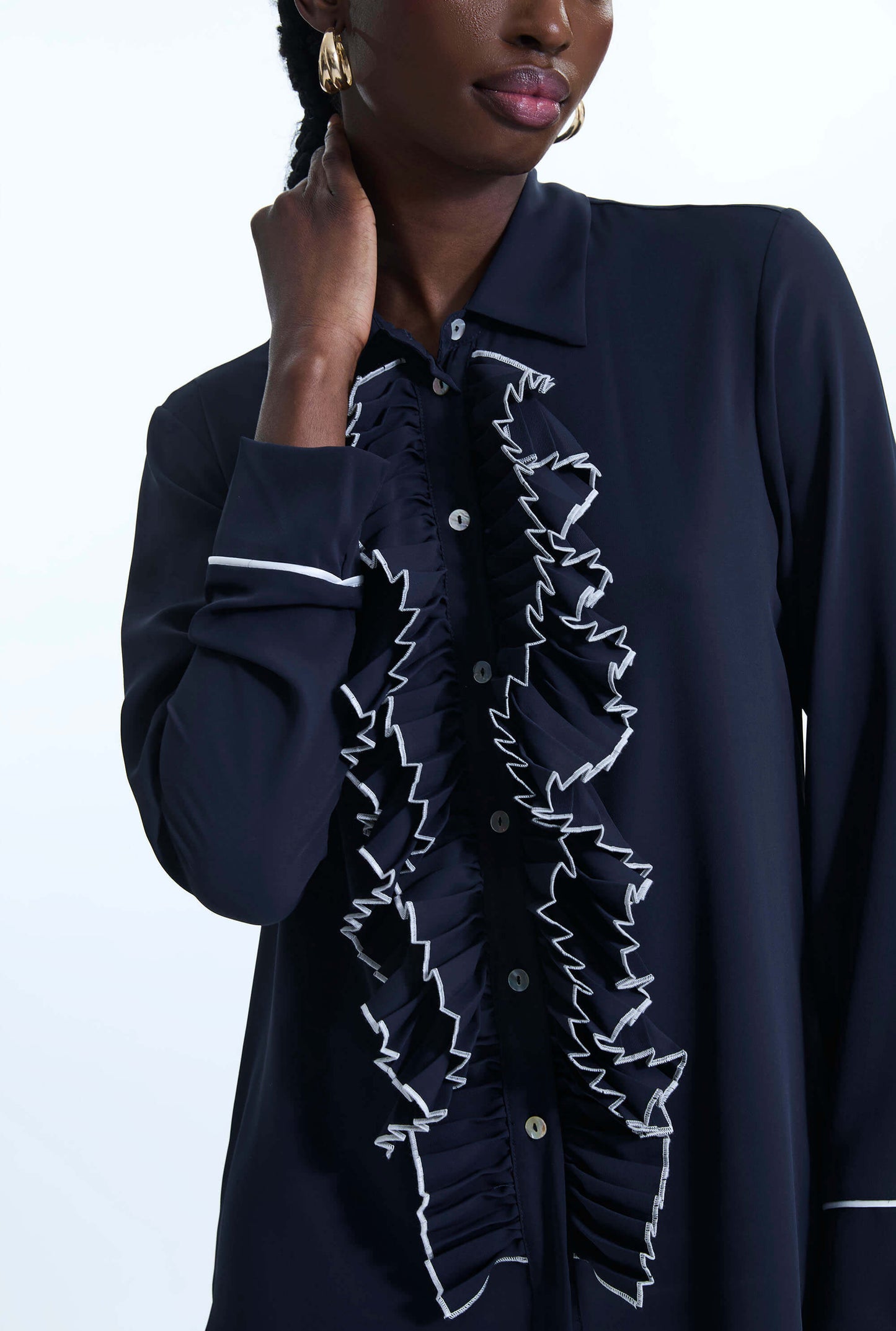 Front Ruffle Button Up Shirt Navy