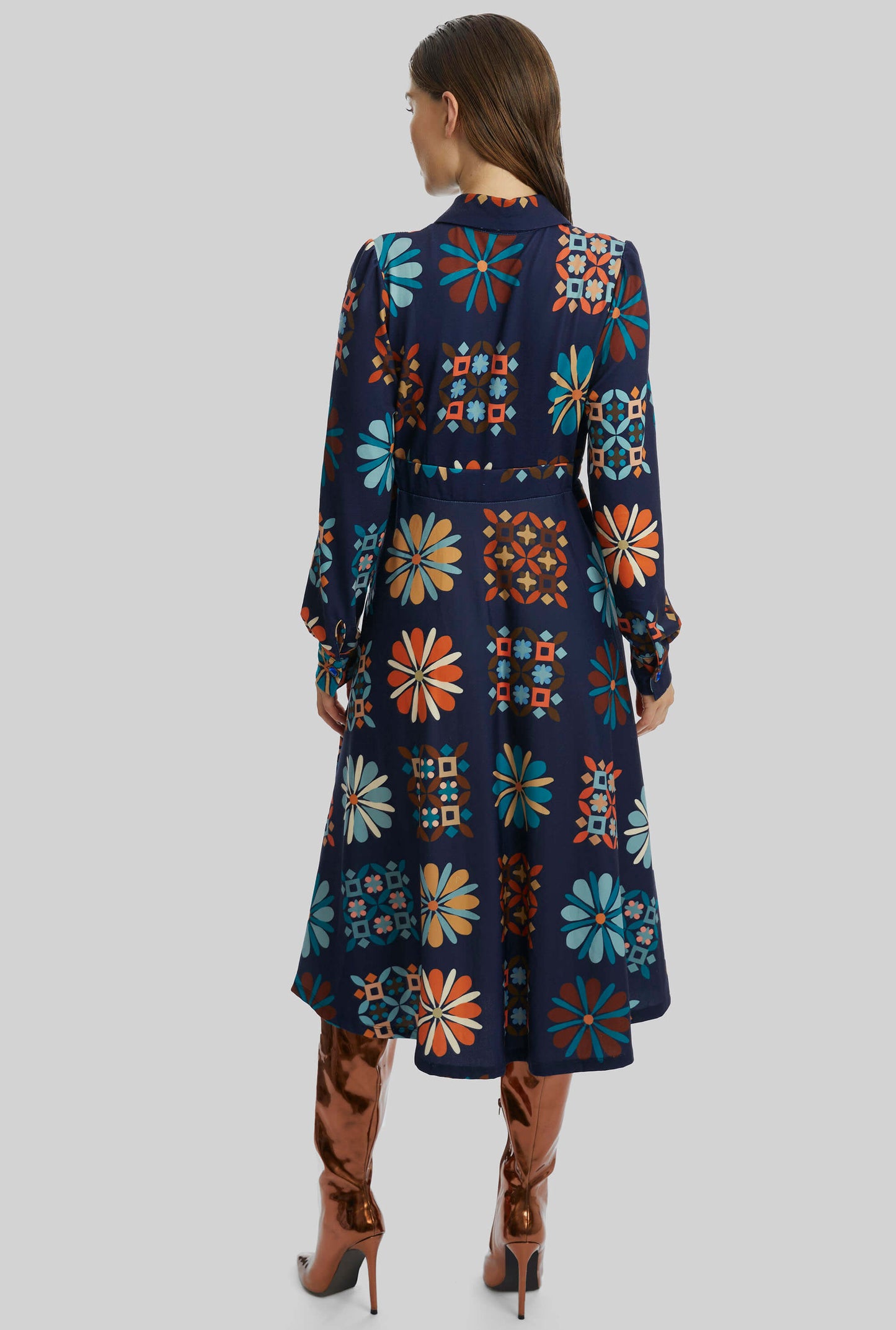 寶石羈絆印花中長洋裝 海軍藍