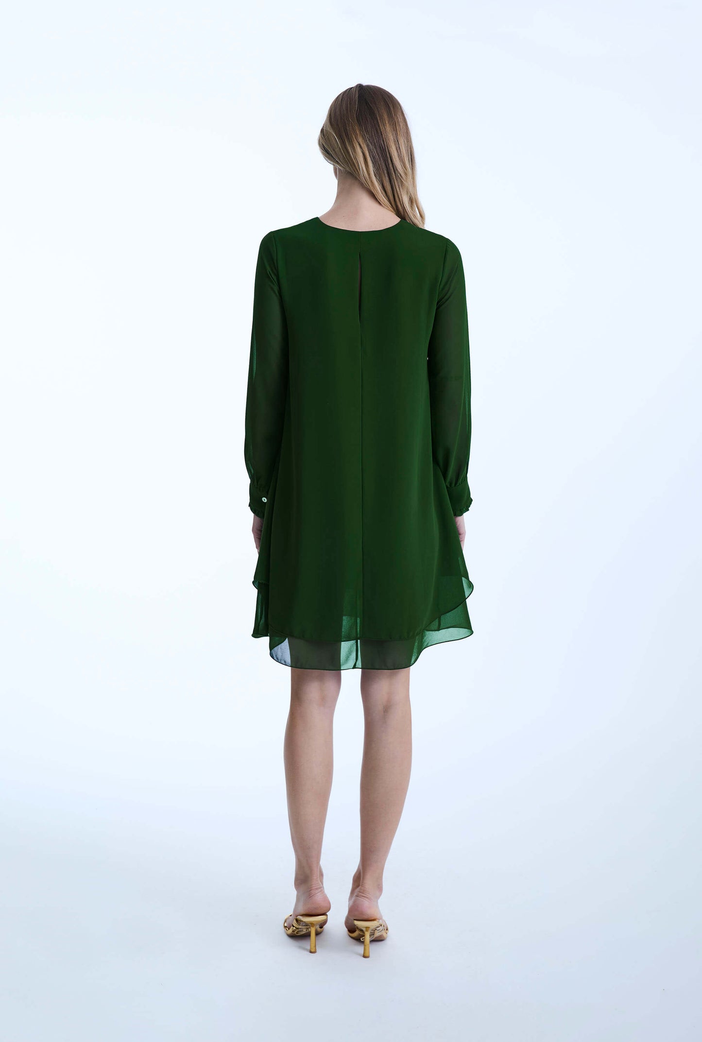 長袖綠色波浪下擺連身裙