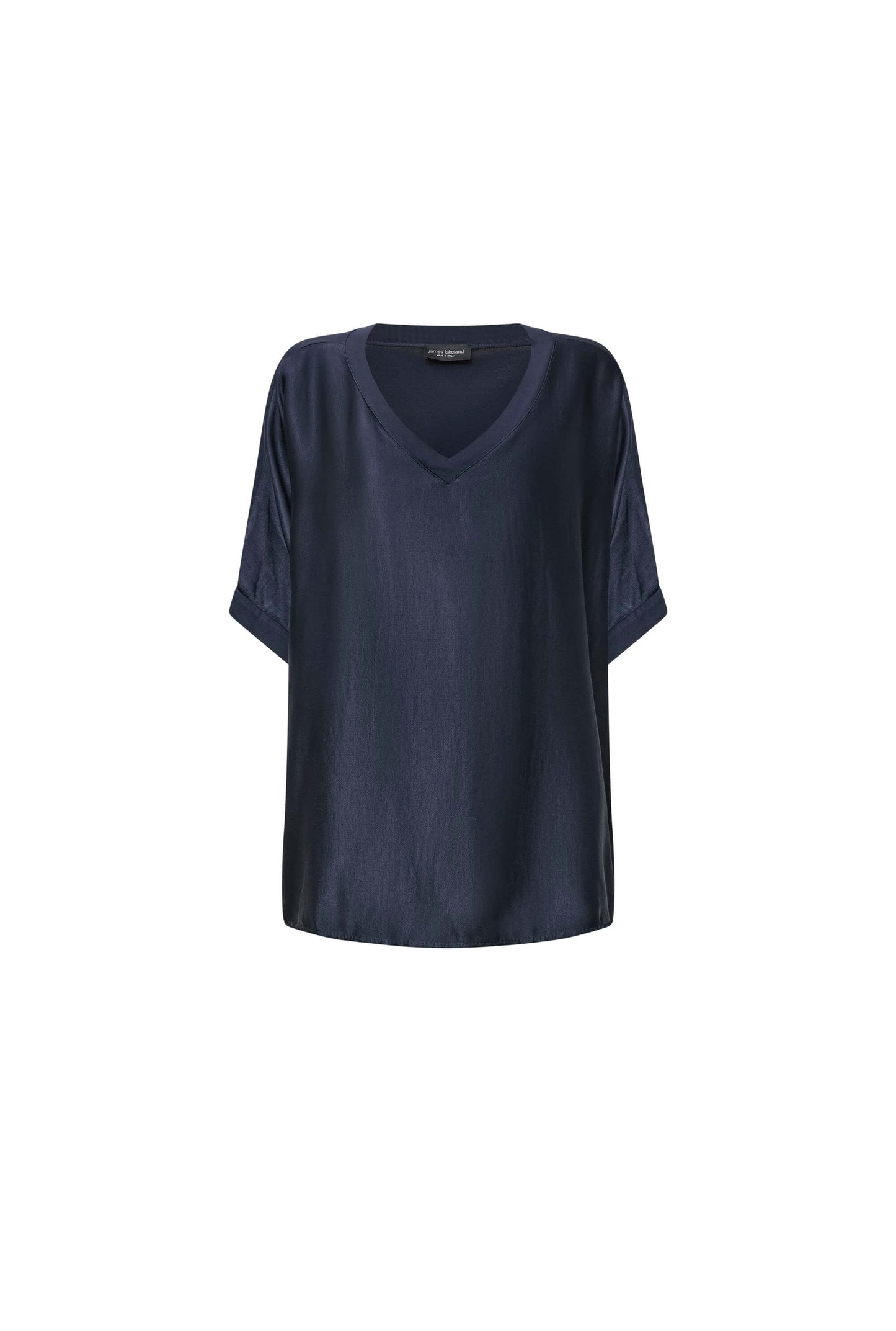 Navy Satin Short-Sleeve Top
