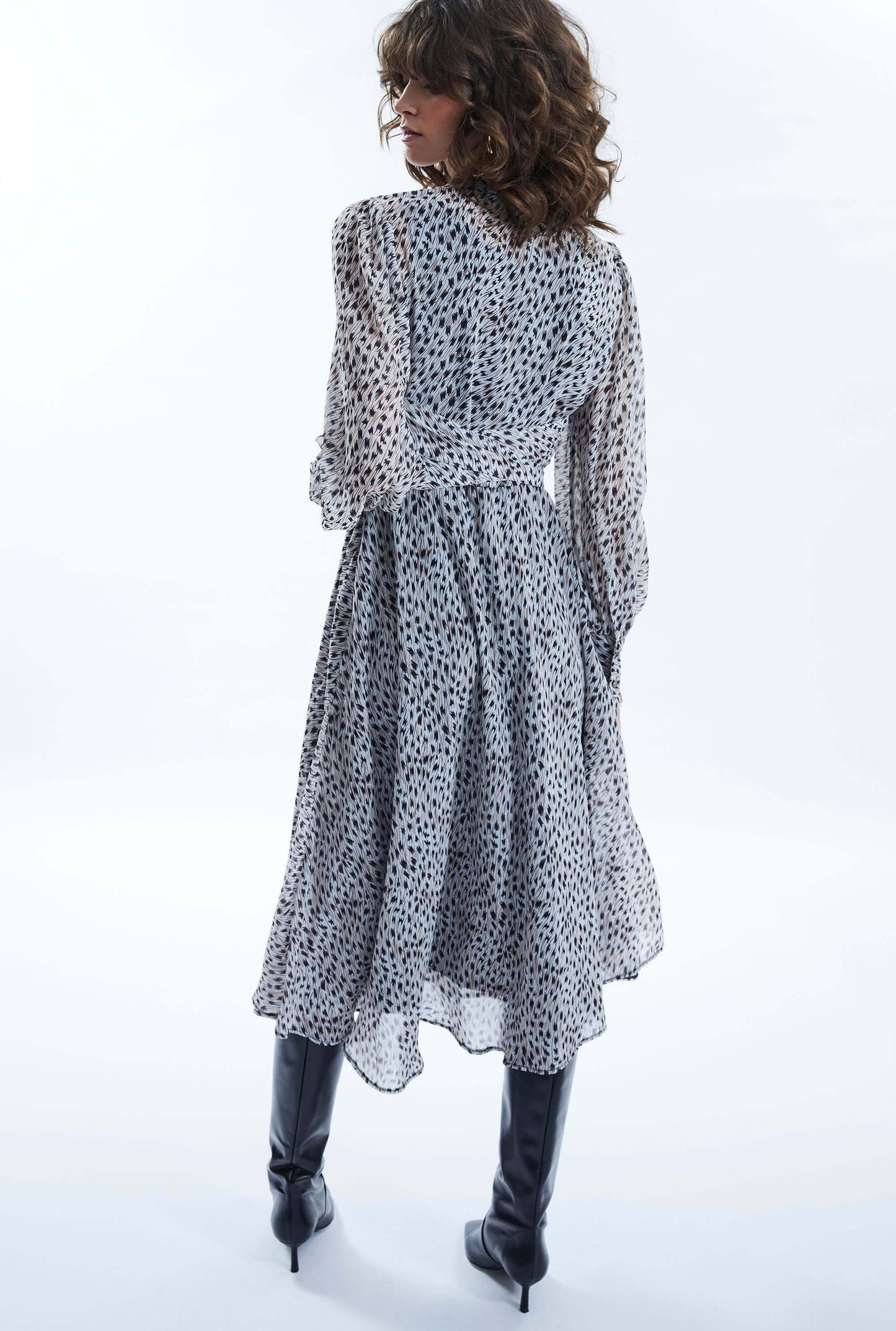 正面印花荷葉邊中長連身裙