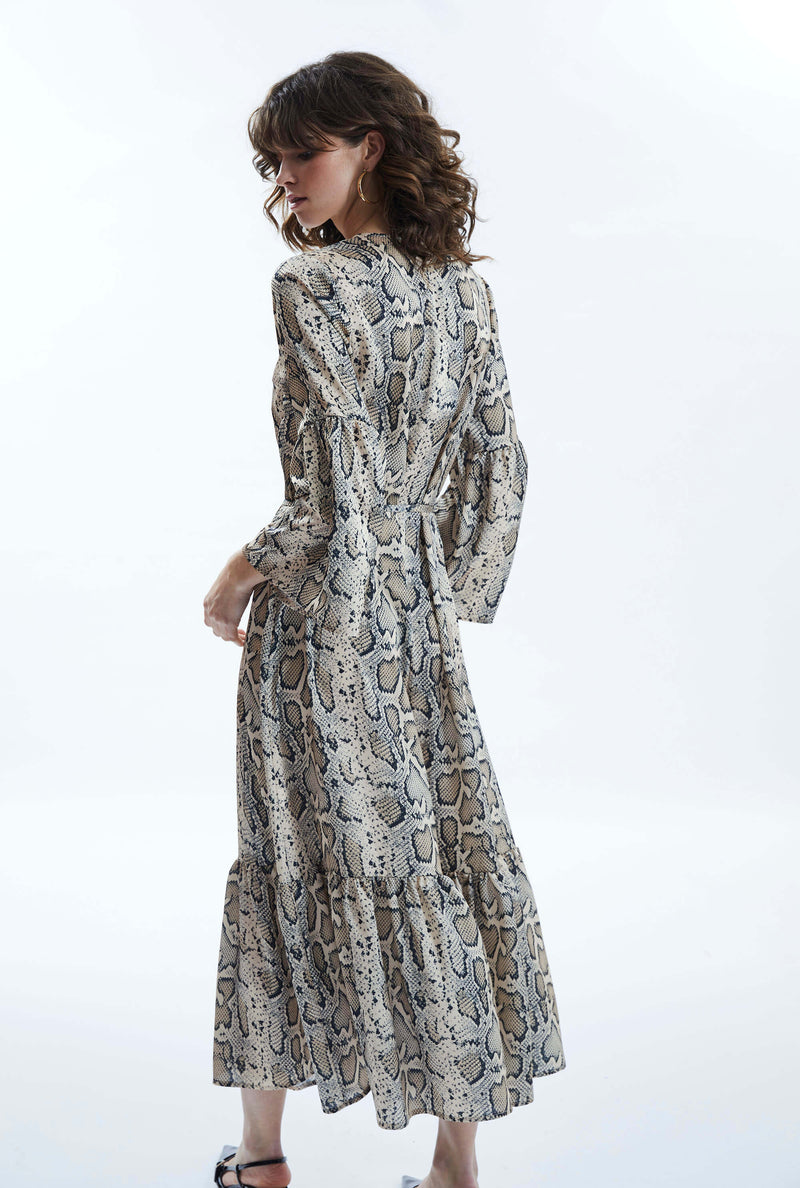 Python Print Belted Dress Beige