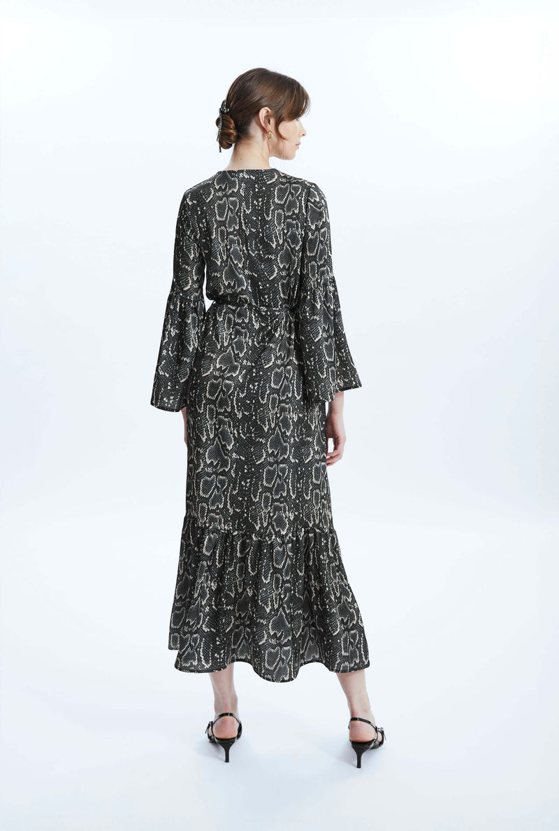 Python Print Belted Dress Black-Beige