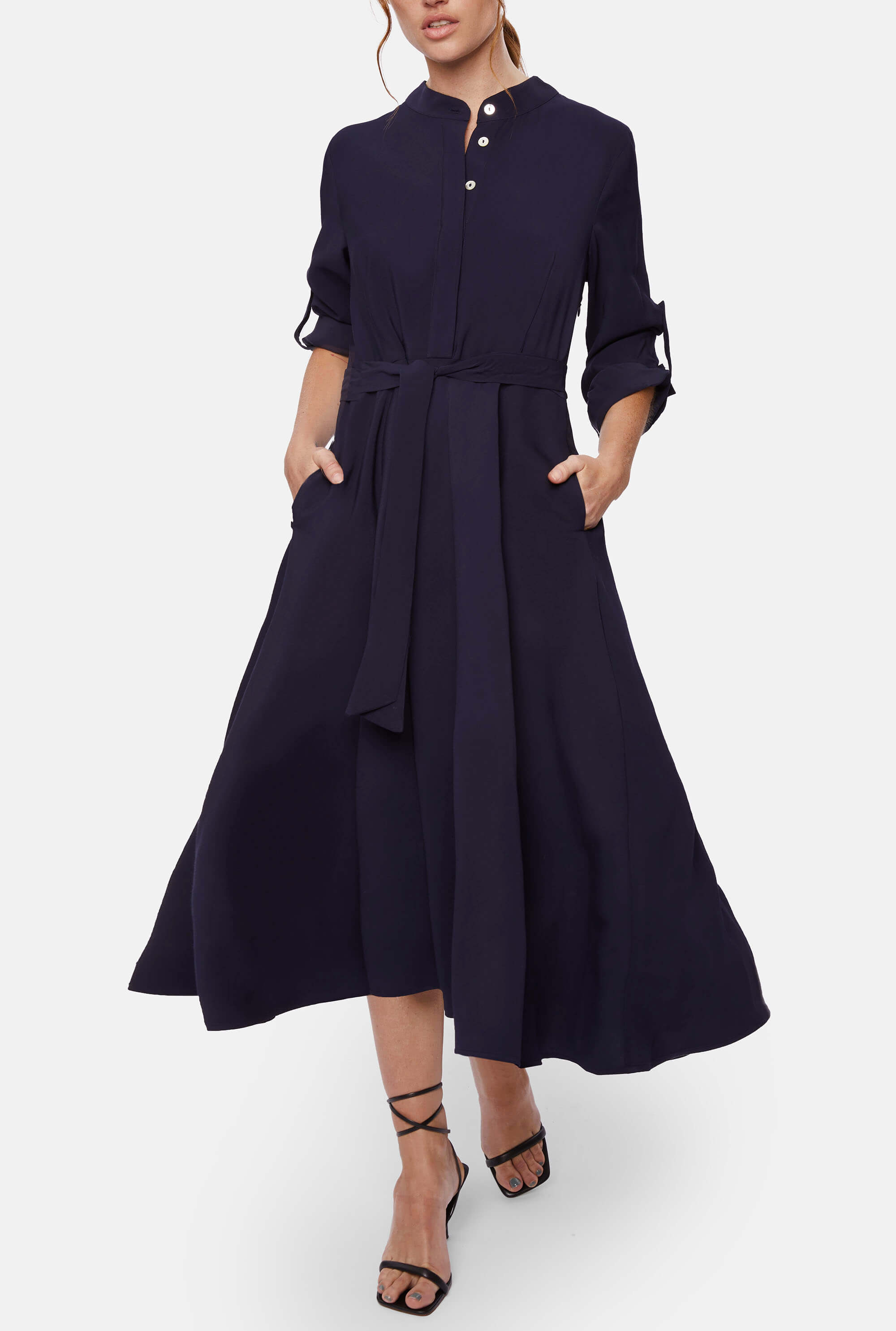 Roll Sleeve Midi Dress Navy Classic and Elegant Navy Midi Dress