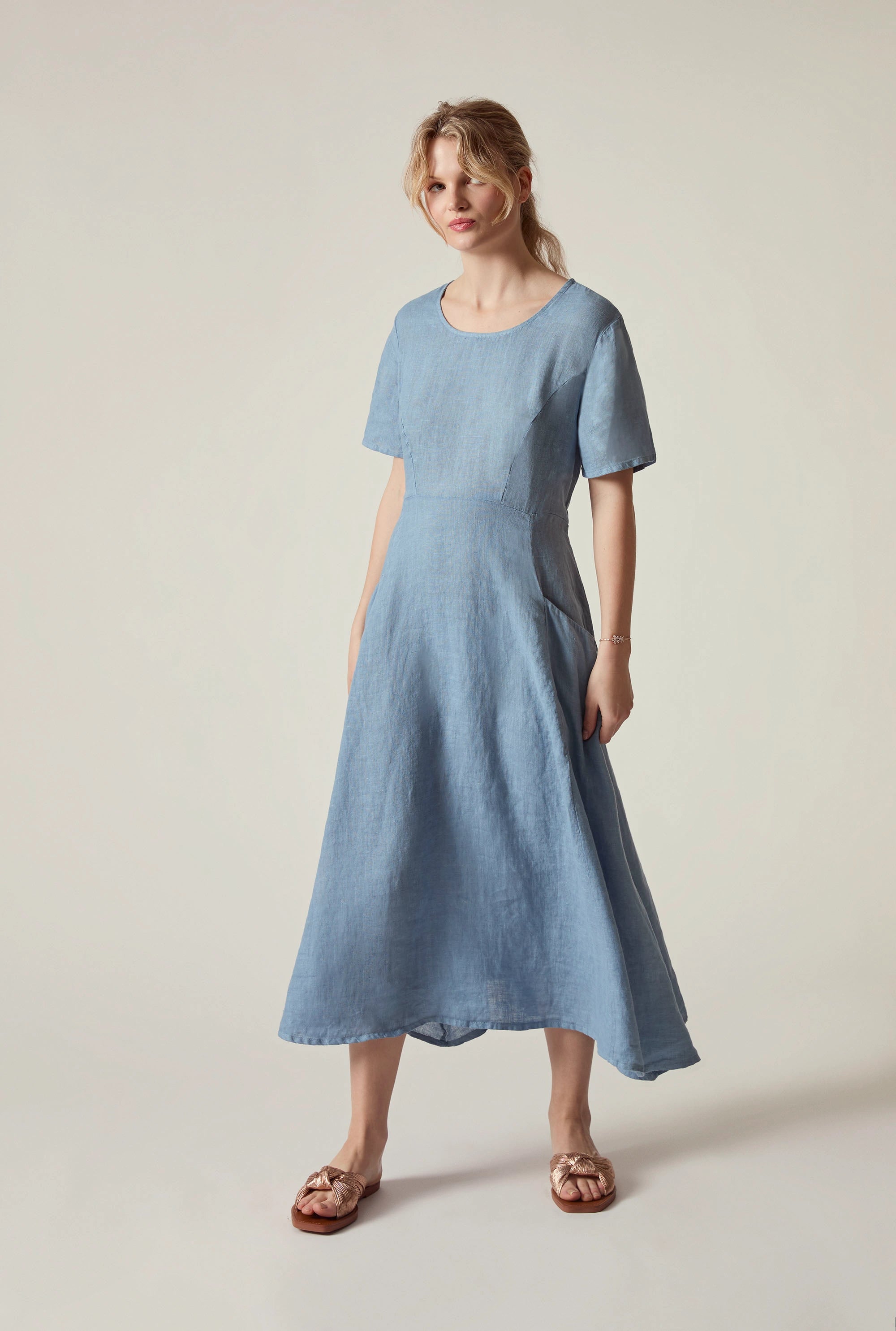 blue linen midi dress Aubriella Dusty Blue Linen Midi Dress in Dust Blue By DISSH main image 1