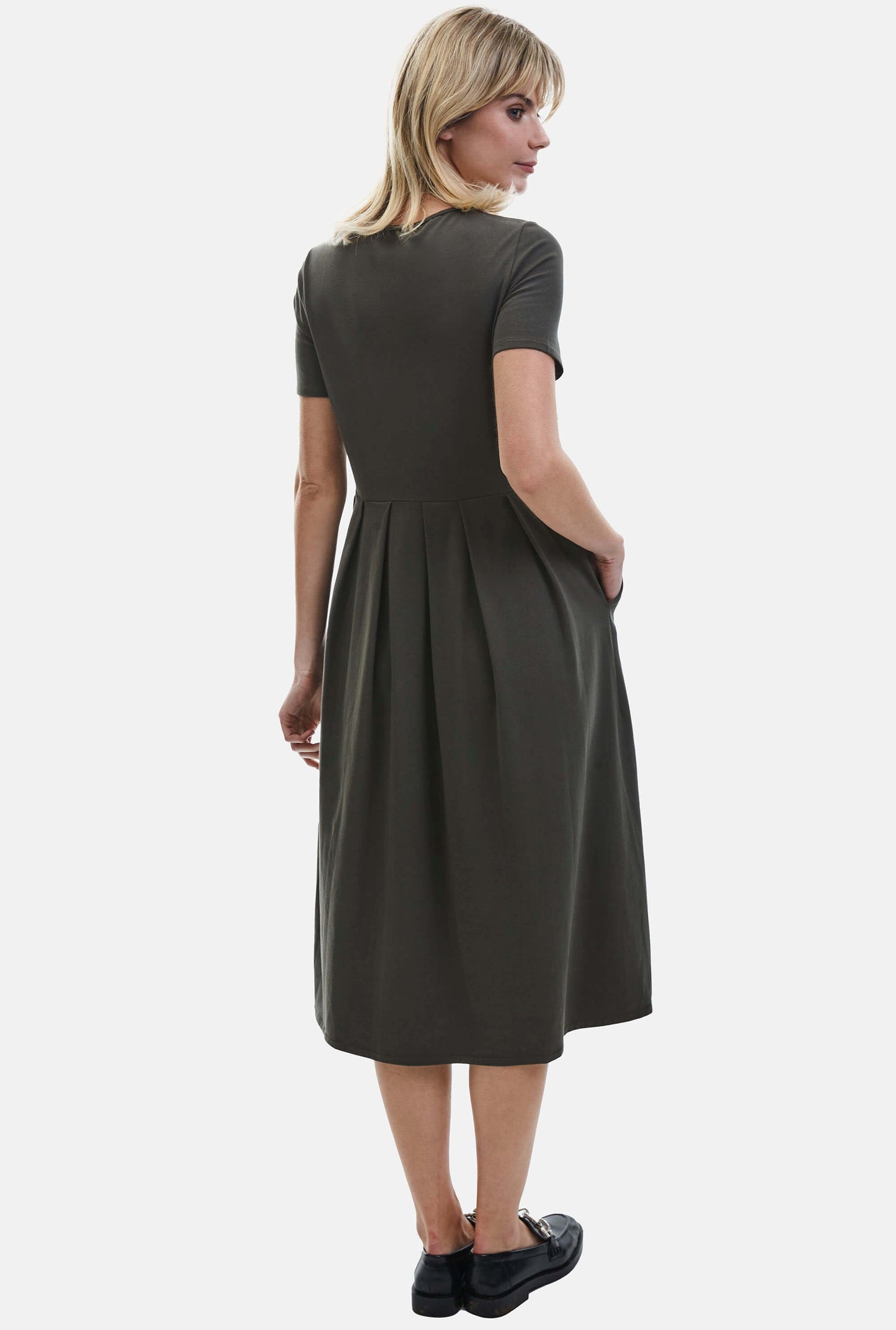 Pin Tuck Pocket Midi Dress Military Green - James Lakeland