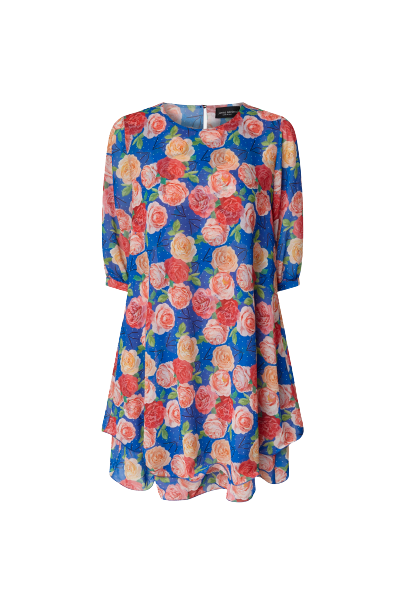 Rose Print Wave Hem Dress Royal