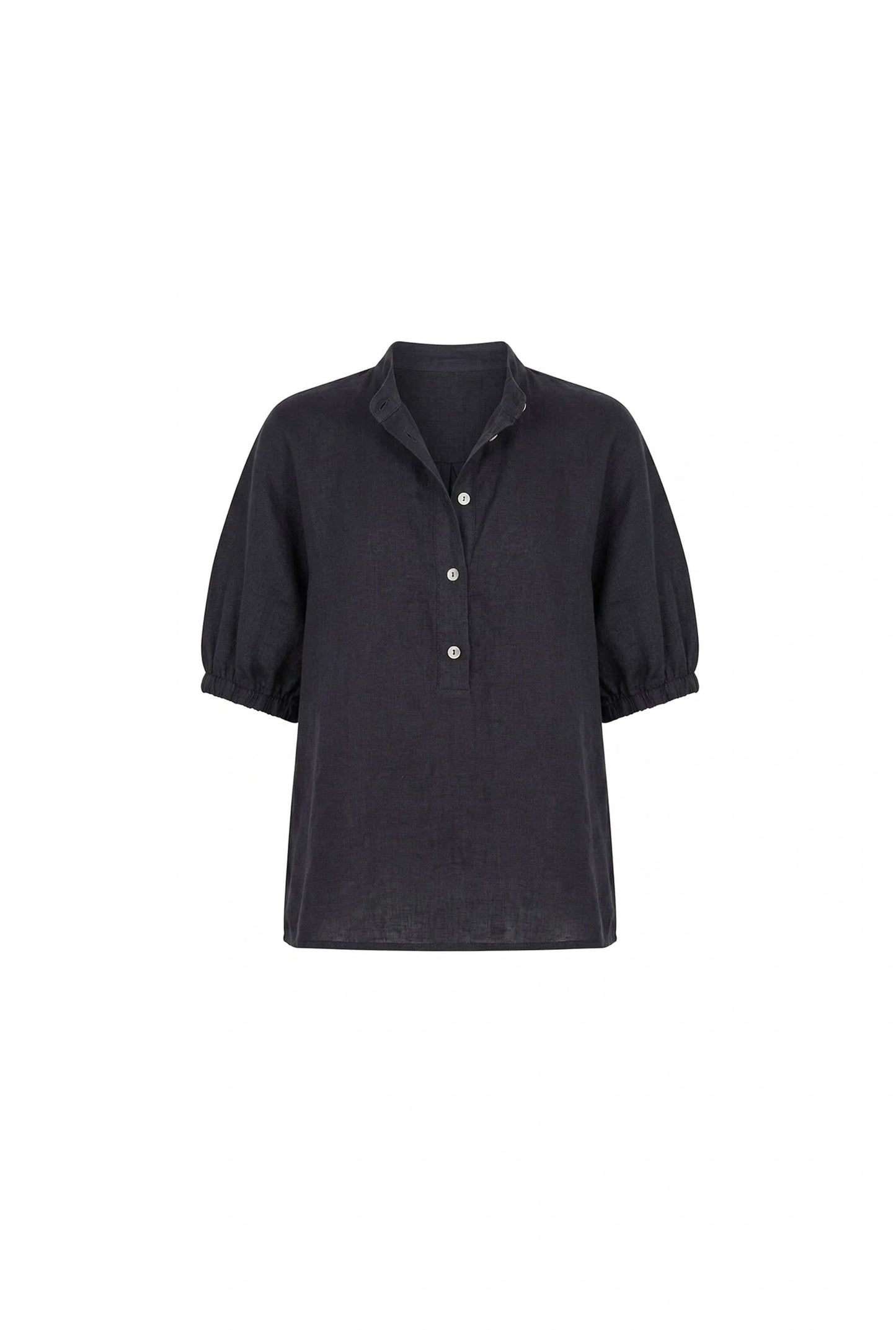 Invisible mannequin shot of the Relaxed Navy Linen Blouse by James Lakeland against a beige background