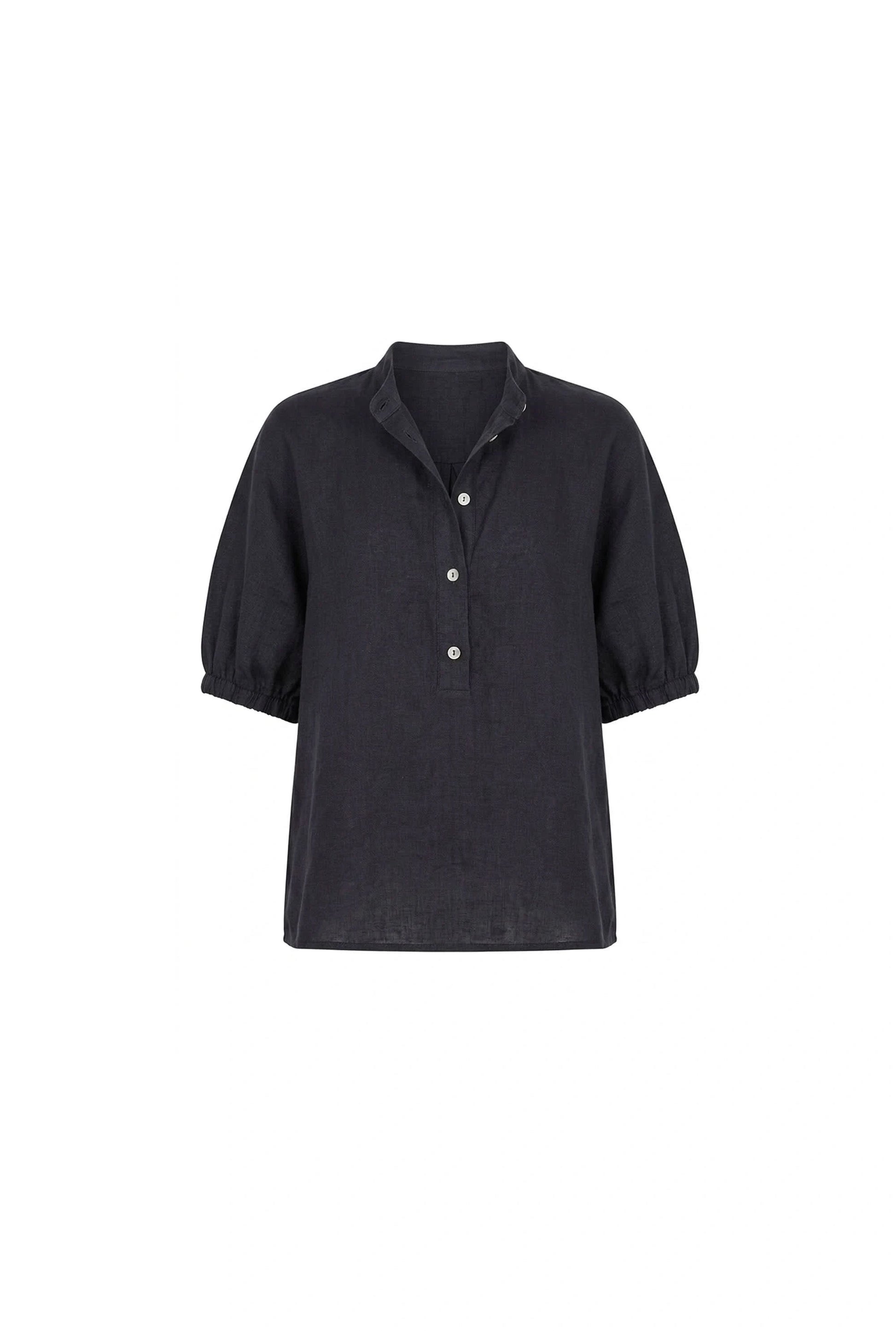 Invisible mannequin shot of the Relaxed Navy Linen Blouse by James Lakeland against a beige background
