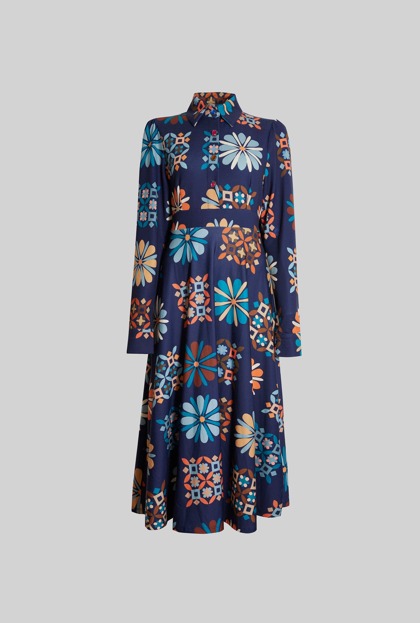 Jewelled Button Print Midi Dress Navy