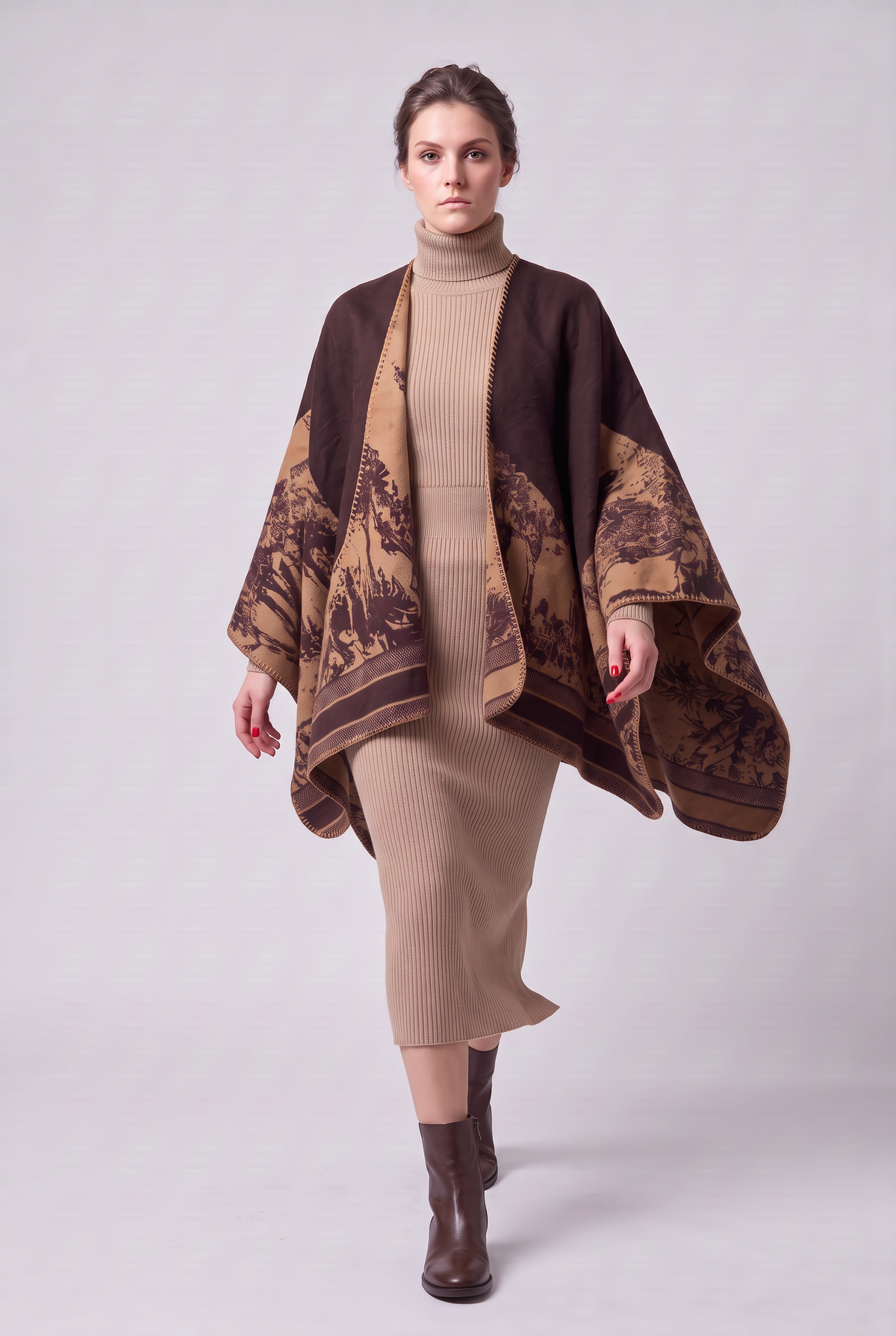 Brown Print Poncho