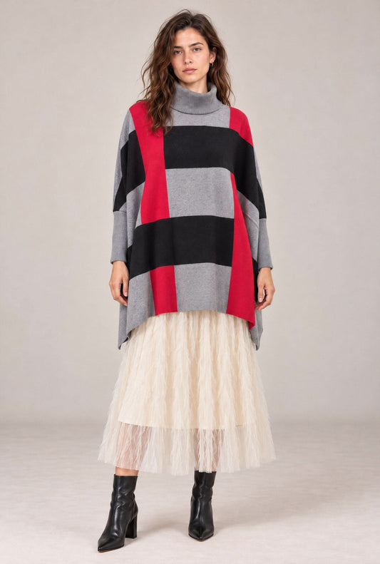 Red & Grey Colour Block Roll-Neck Poncho