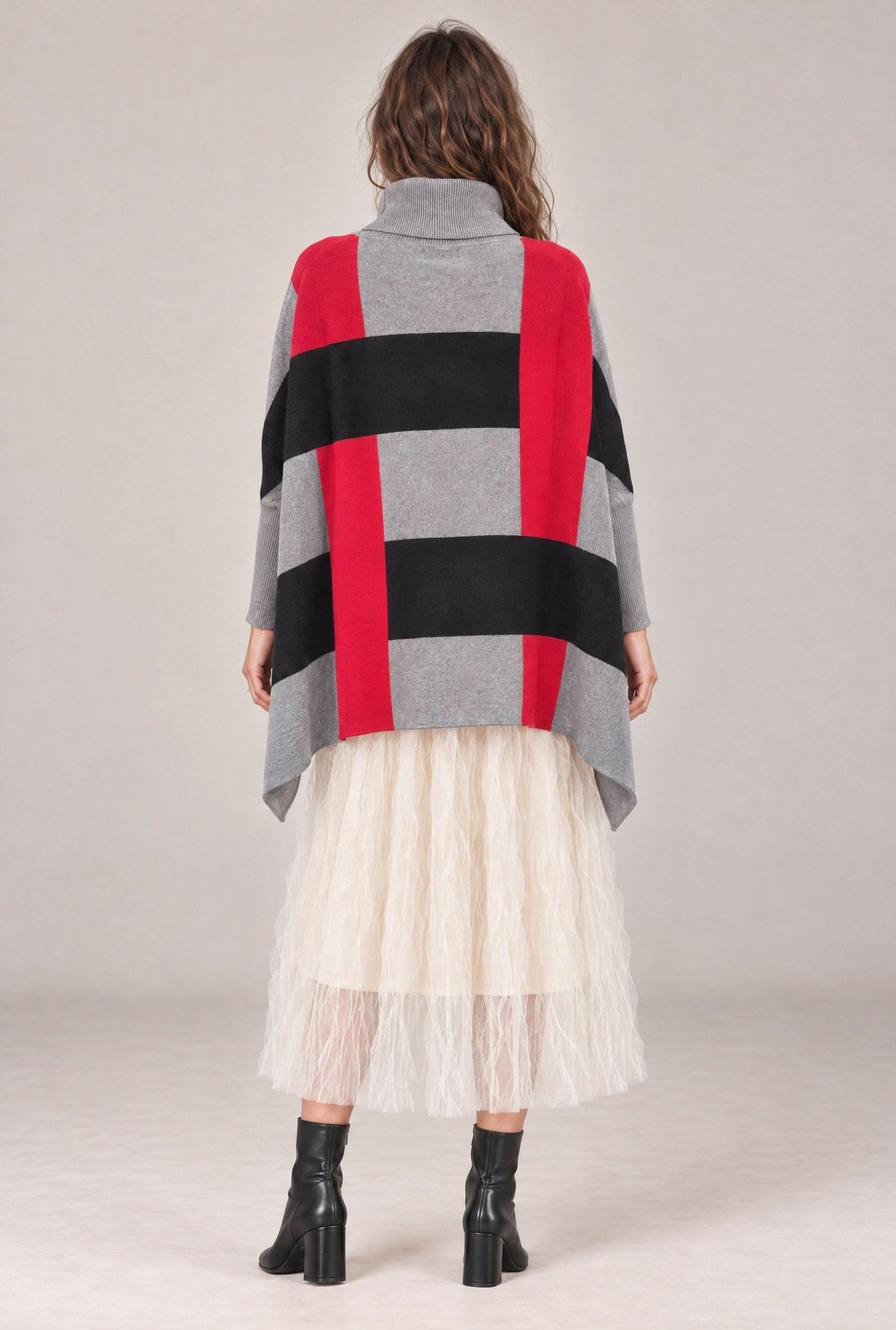 Red & Grey Colour Block Roll-Neck Poncho