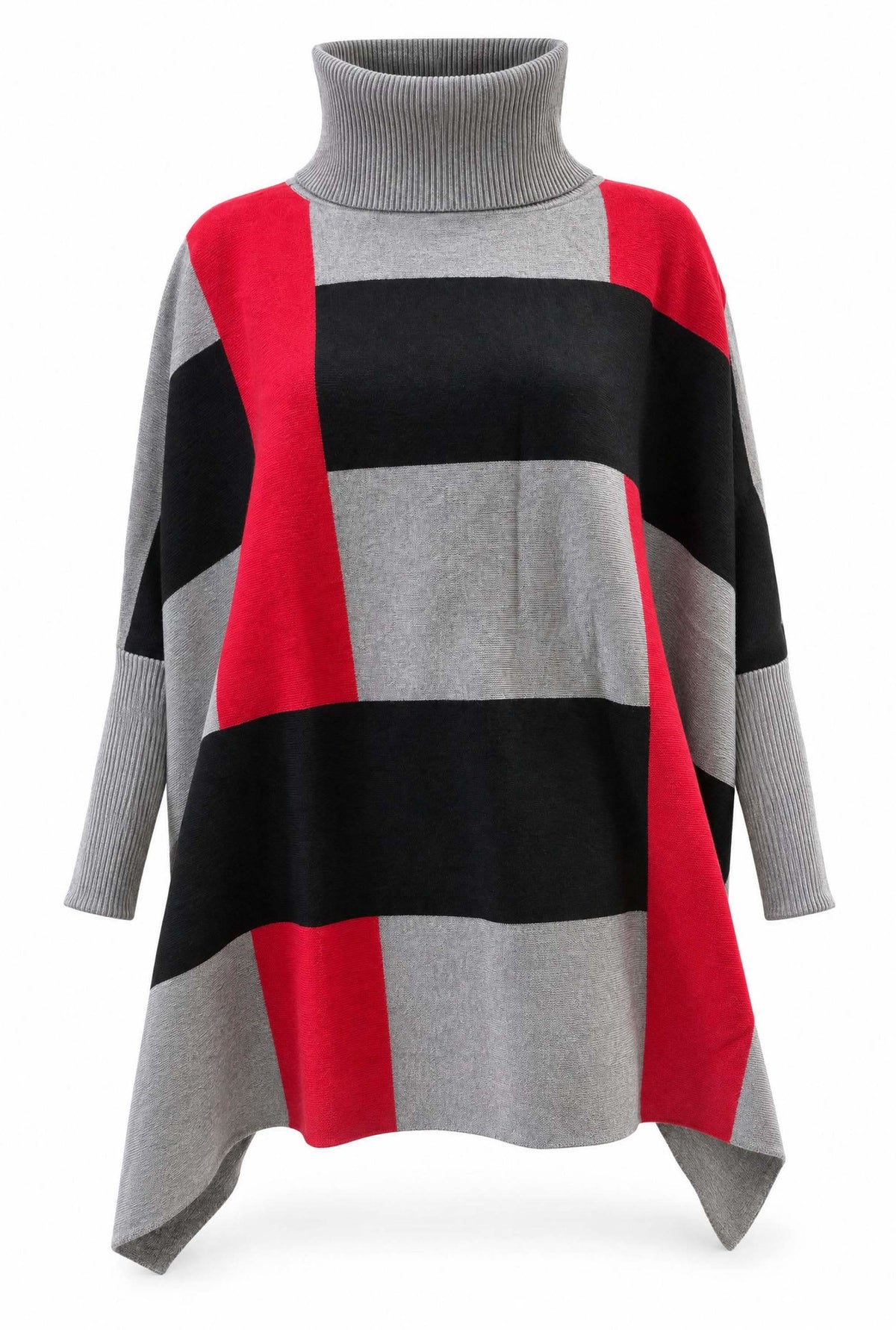Red & Grey Colour Block Roll-Neck Poncho