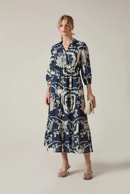 Navy Ornamental Print Tiered Midi Dress