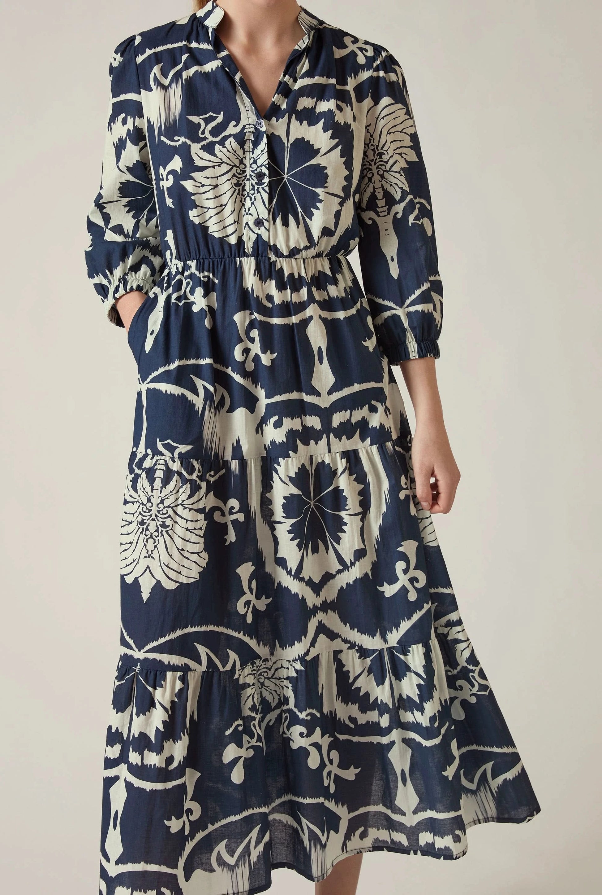 Close up detail of the navy and cream ornamental print fabric on the James Lakeland midi dress