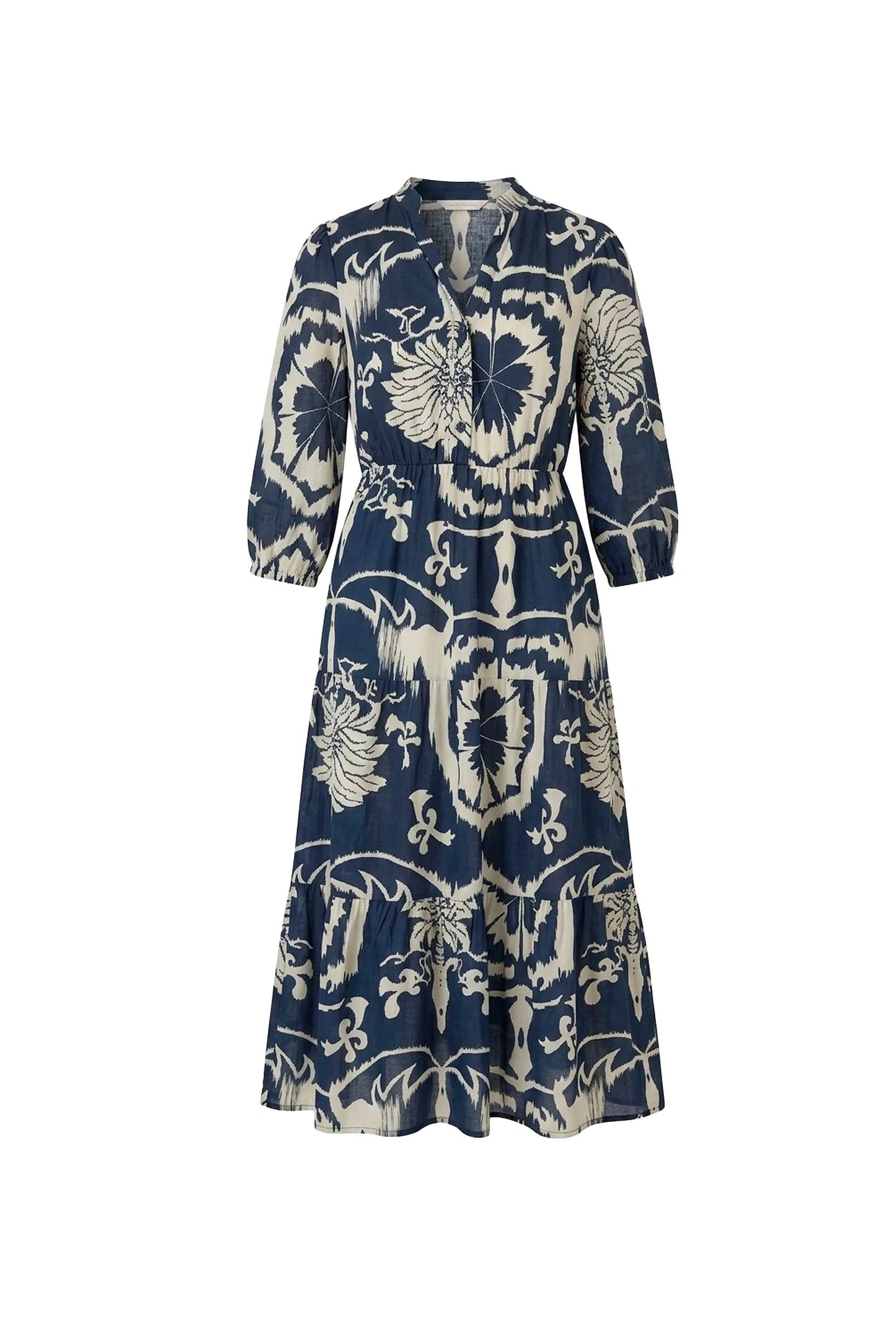 Navy Ornamental Print Tiered Midi Dress by James Lakeland on invisible mannequin against beige background