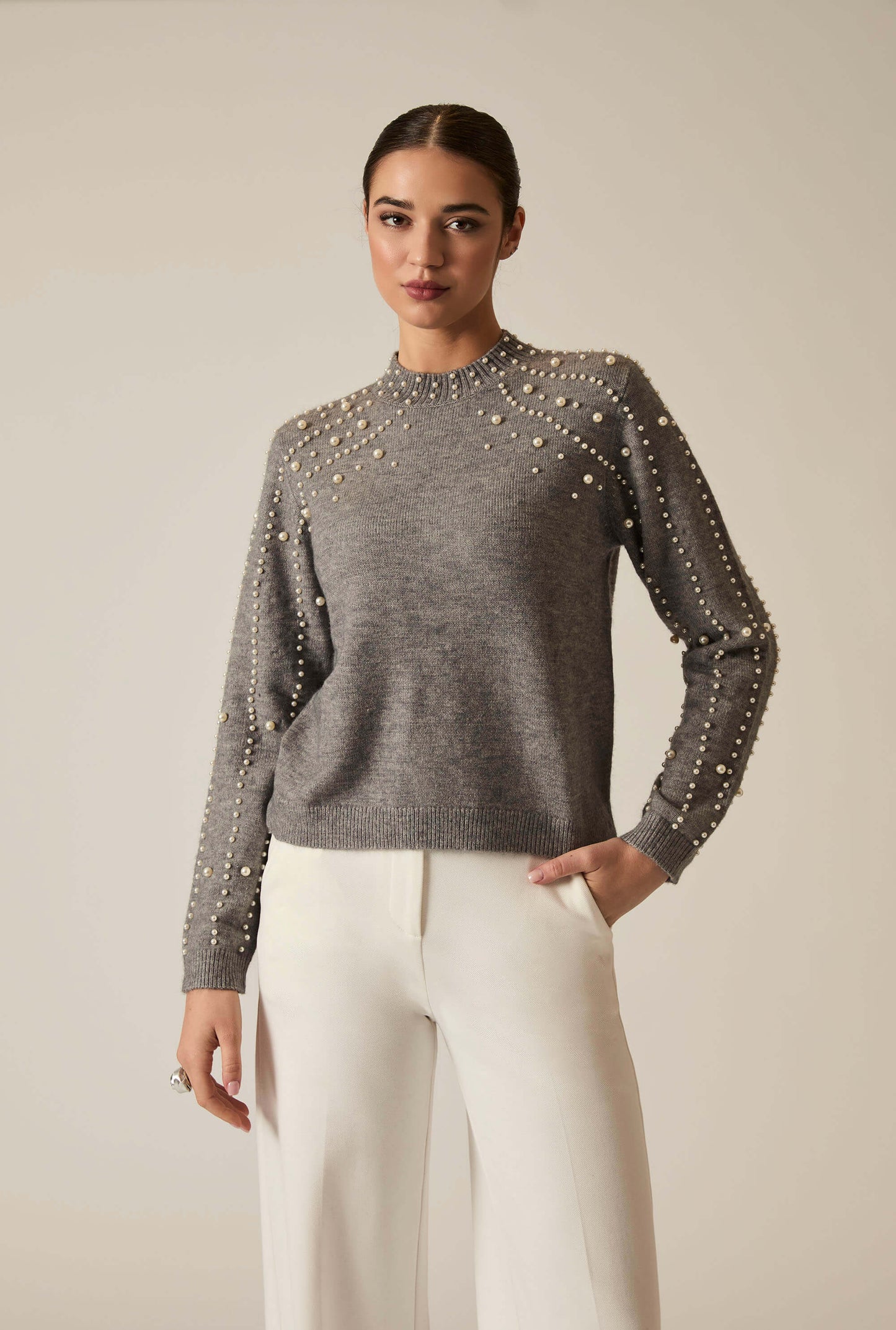 Grey Pearl Sleeve Jumper