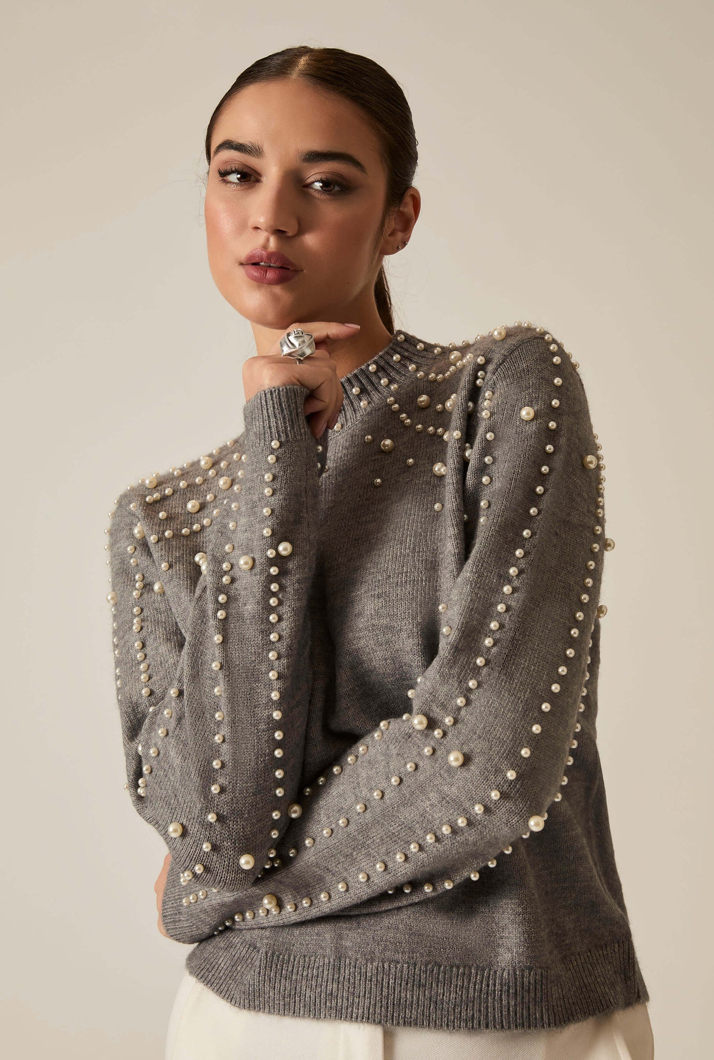 Grey Pearl Sleeve Jumper