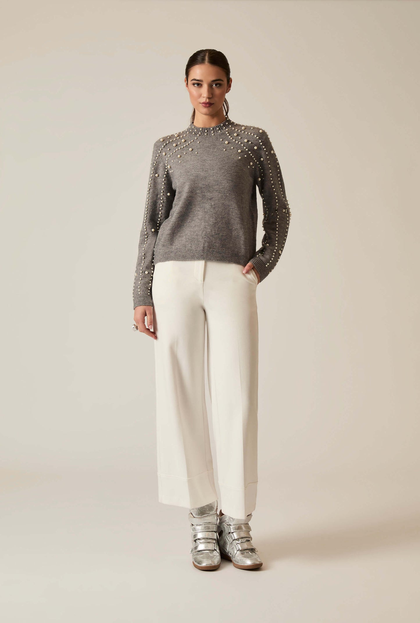 Grey Pearl Sleeve Jumper