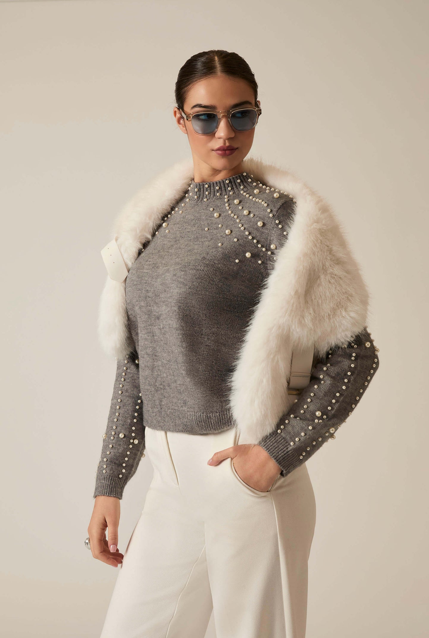Grey Pearl Sleeve Jumper