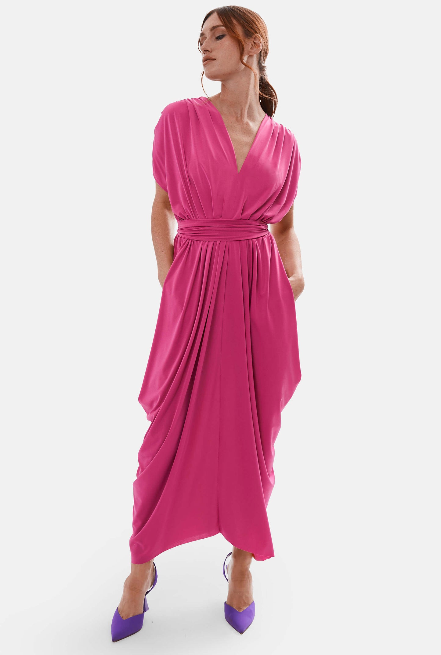 Batwing Pleated Maxi Dress Fuchsia