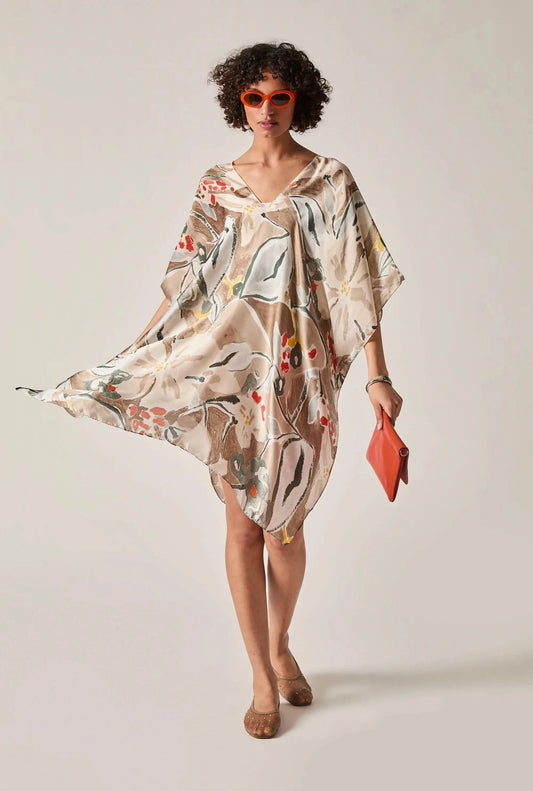 Beige Abstract Floral Kaftan