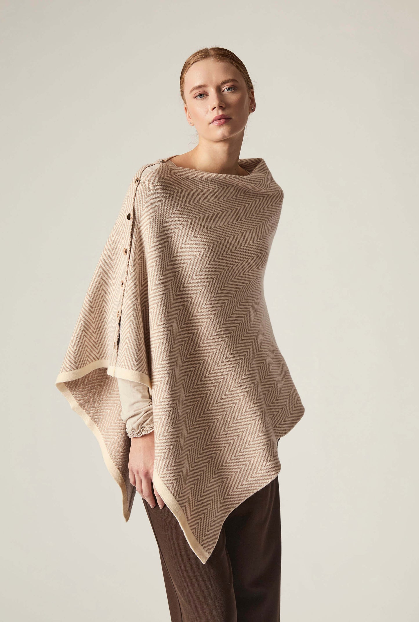Beige Chevron Button Poncho
