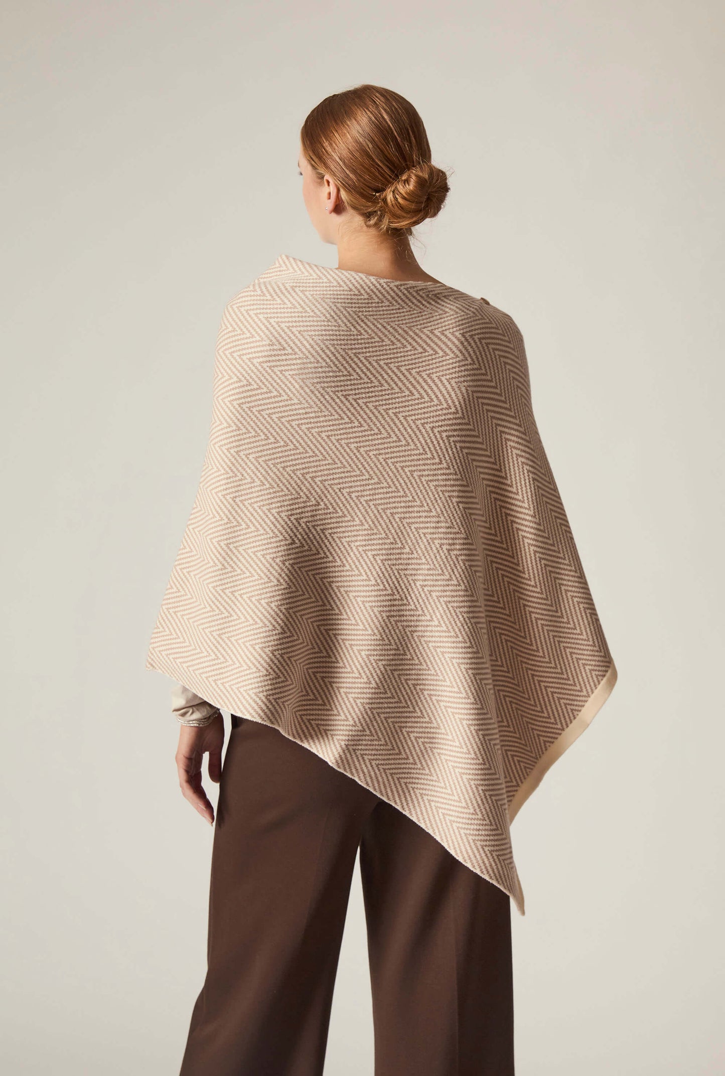 Beige Chevron Button Poncho