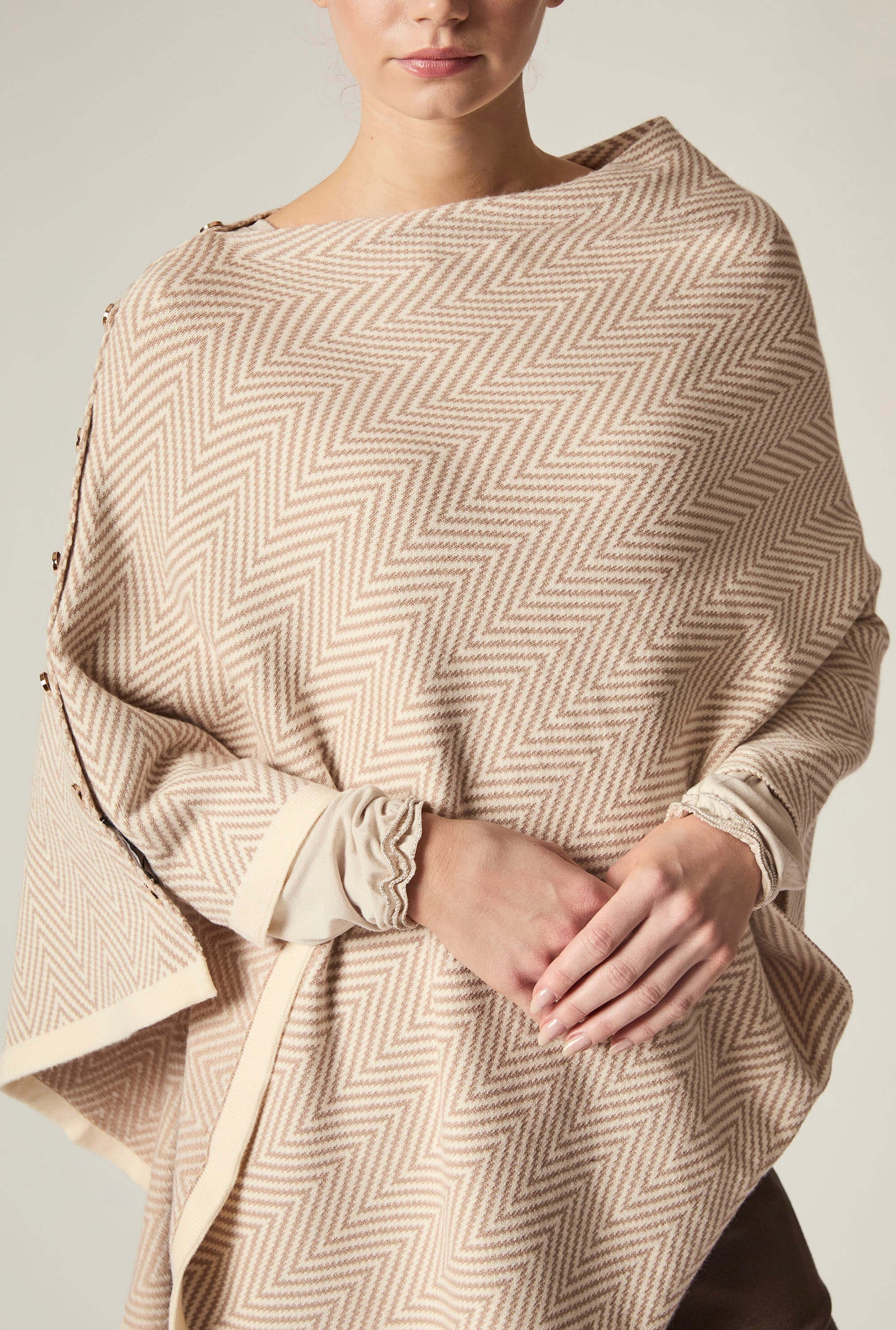 Beige Chevron Button Poncho