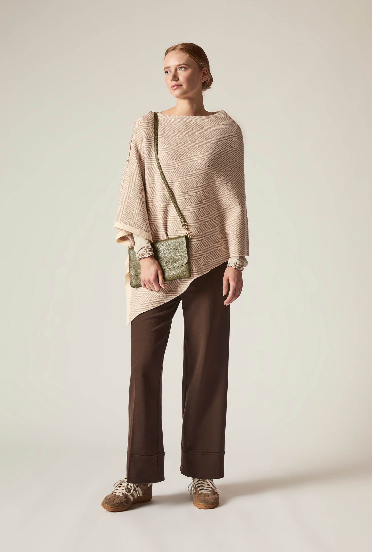 Beige Chevron Button Poncho