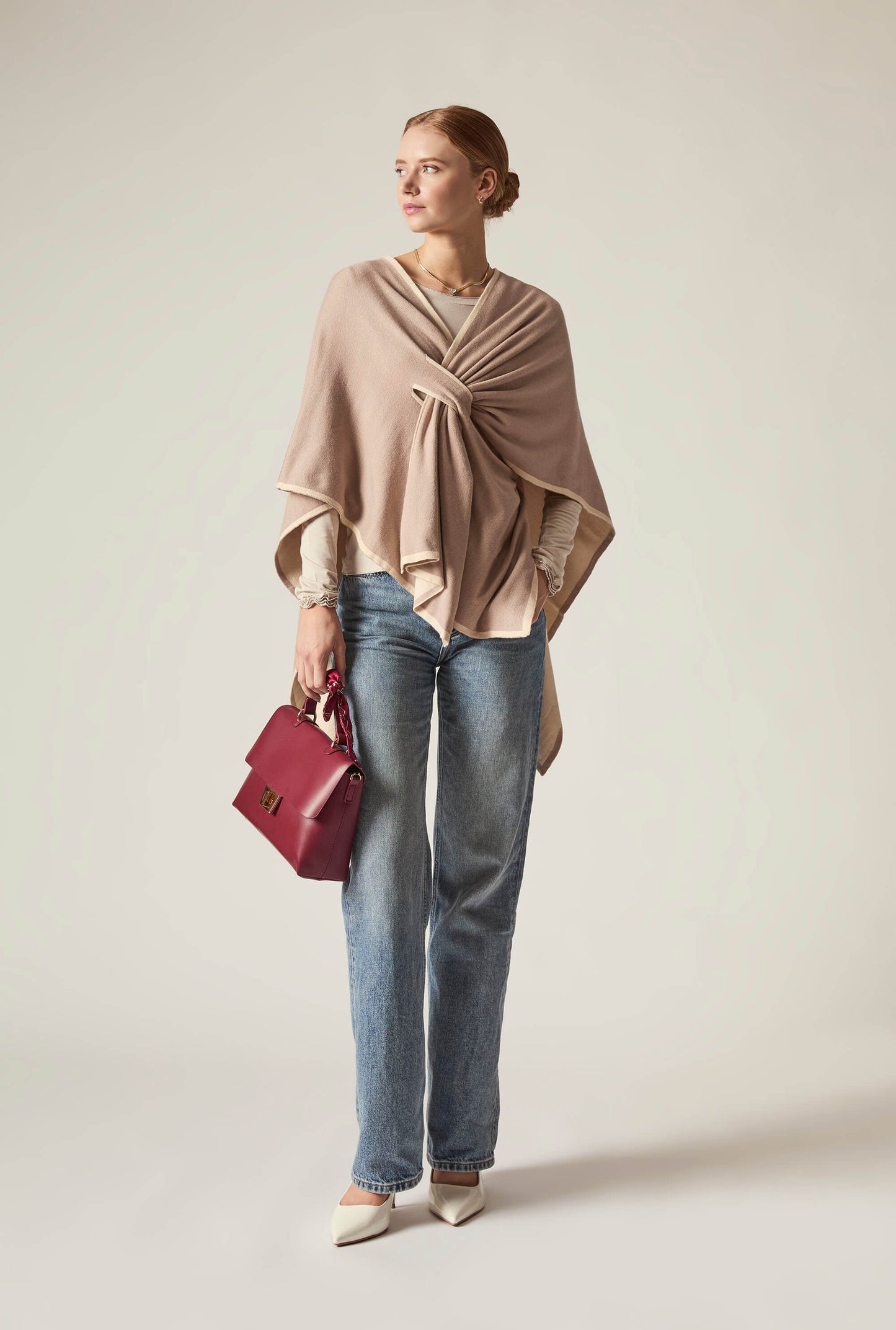 Beige Front Knot Poncho