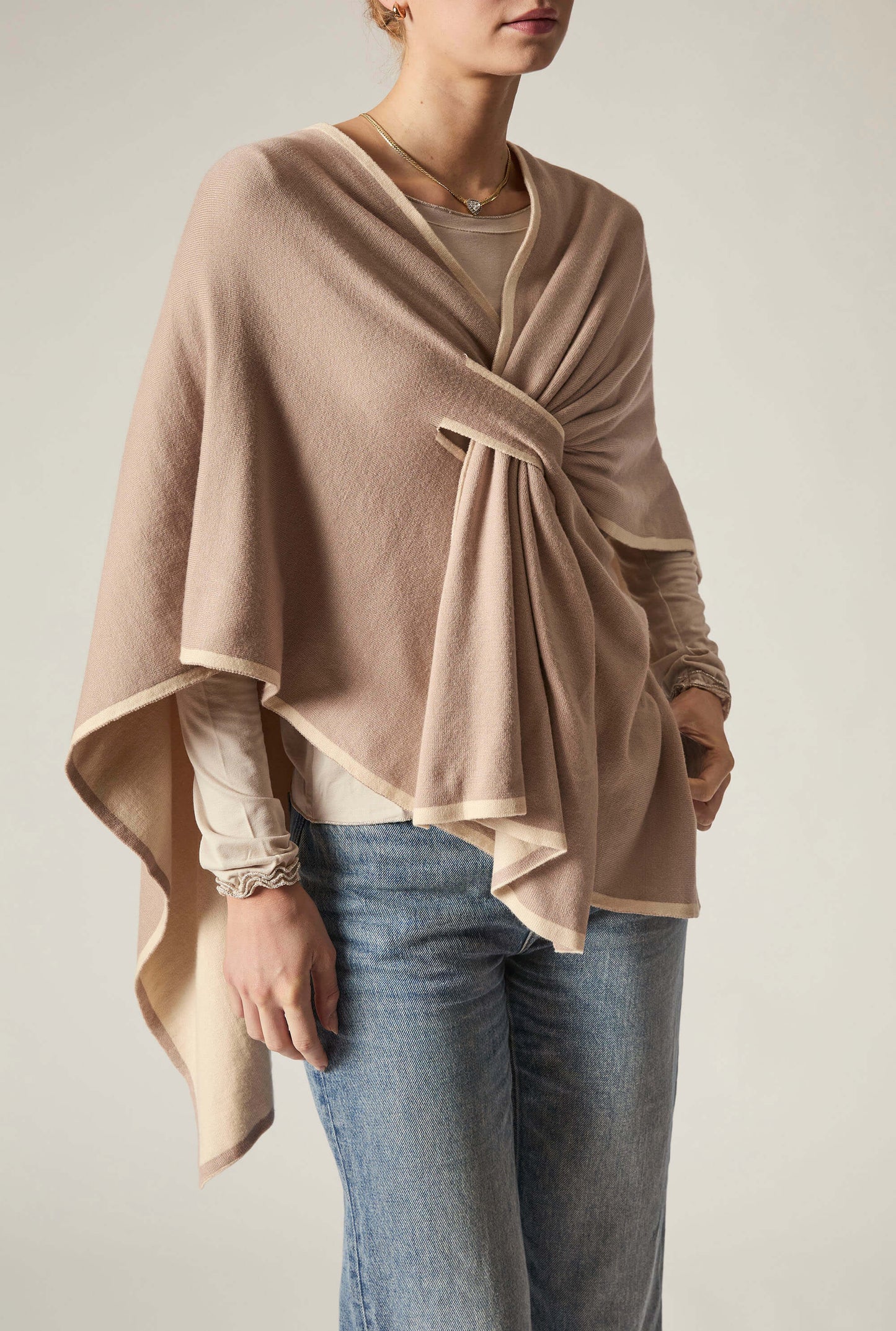 Beige Front Knot Poncho