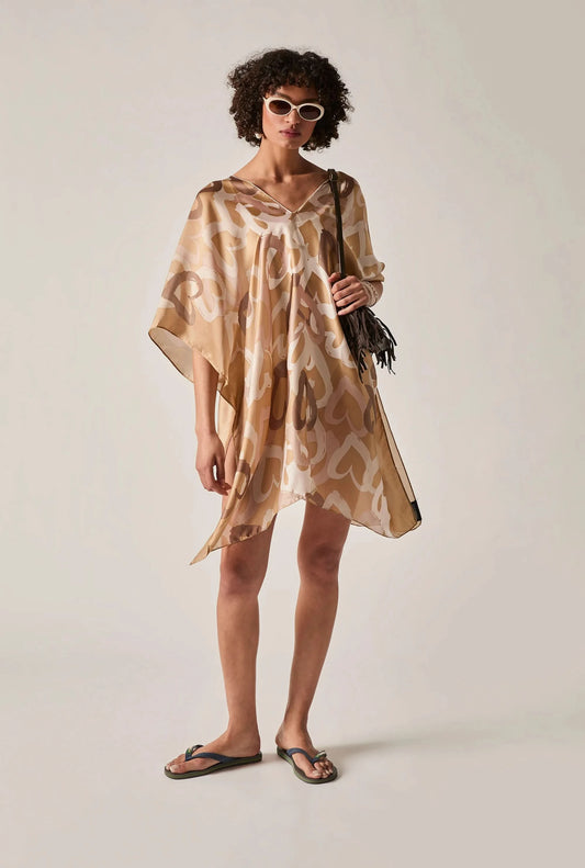Beige Heart Print Kaftan