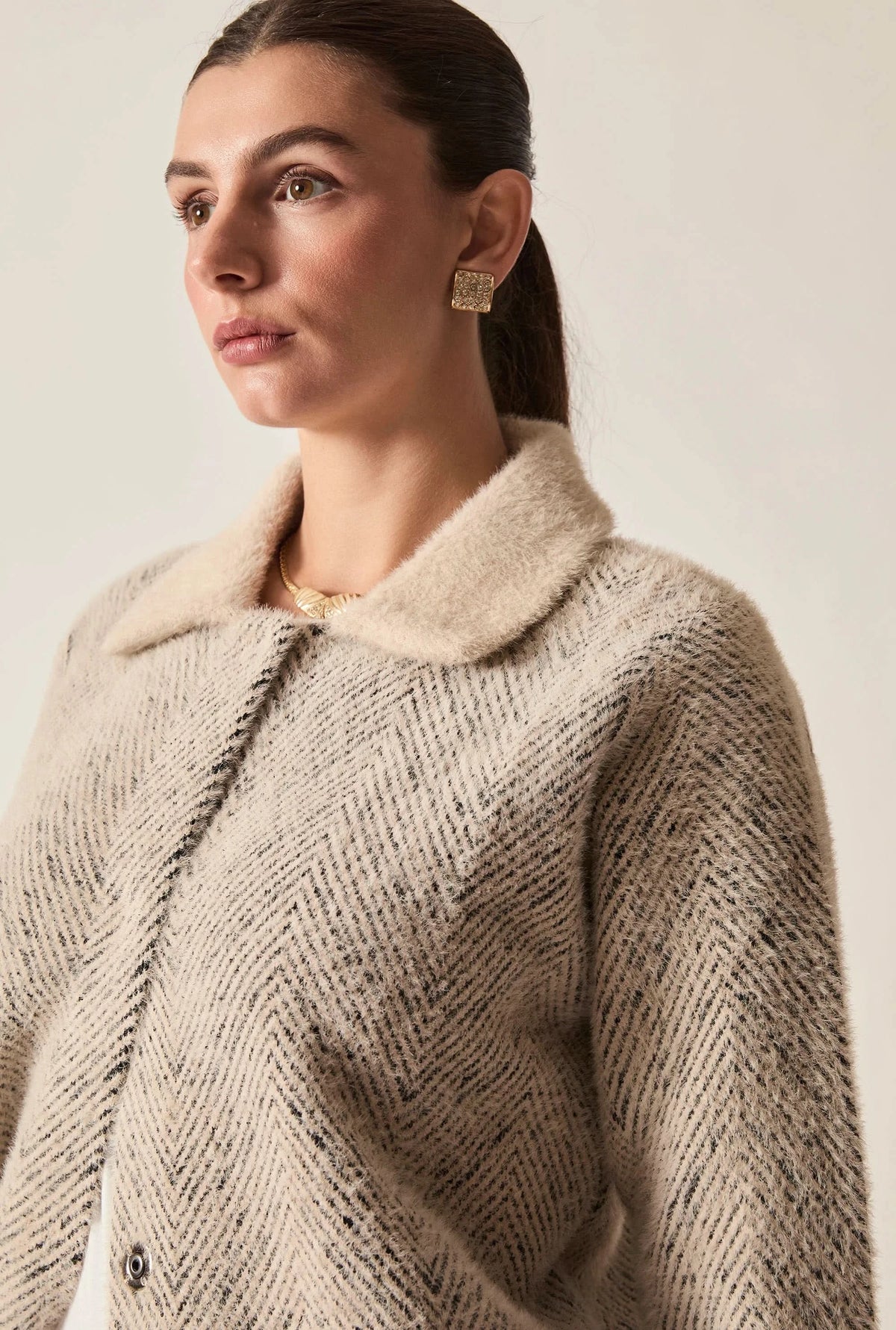 Beige Herringbone Knitted Jacket