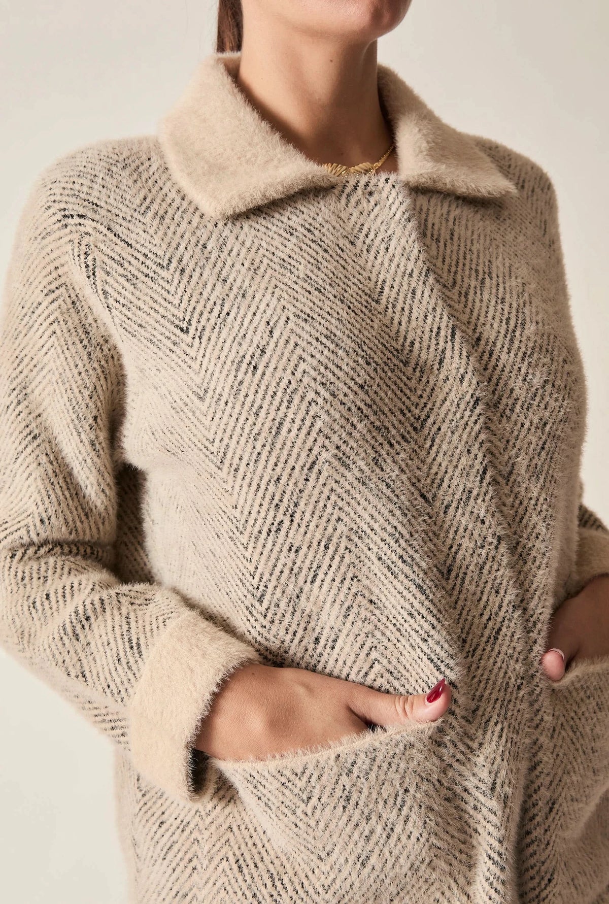 Beige Herringbone Knitted Jacket