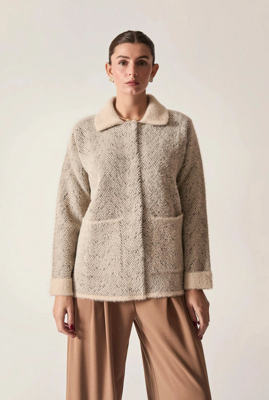 Beige Herringbone Knitted Jacket