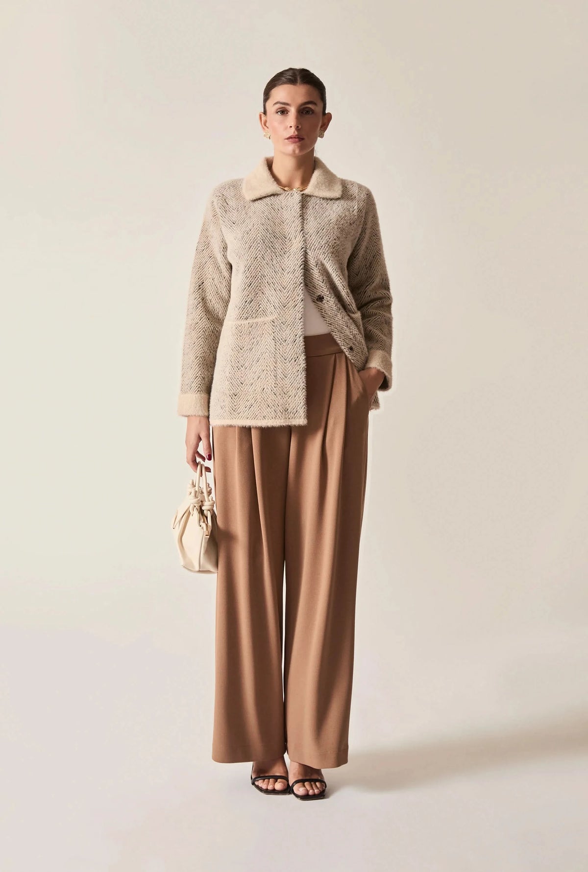Beige Herringbone Knitted Jacket
