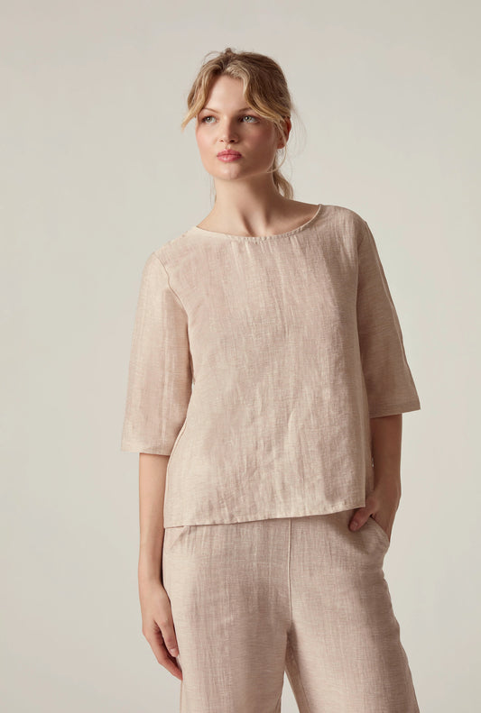 Beige Linen Blend Button-Back Top