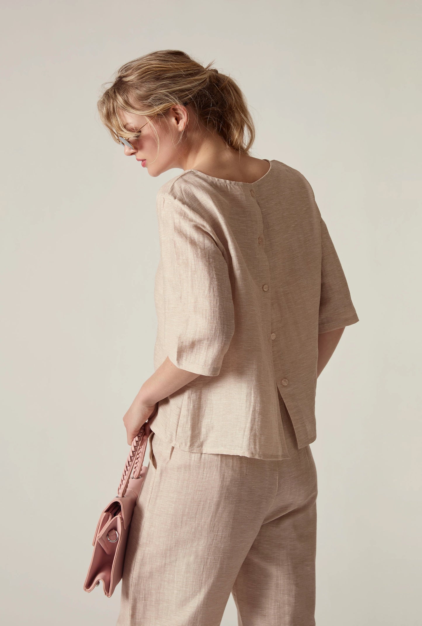 Beige Linen Blend Button-Back Top