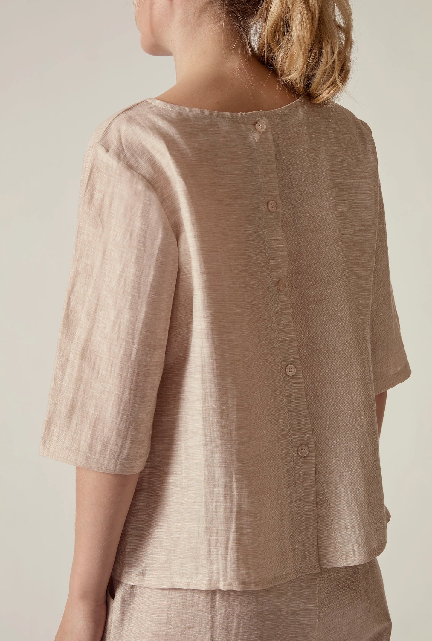 Beige Linen Blend Button-Back Top