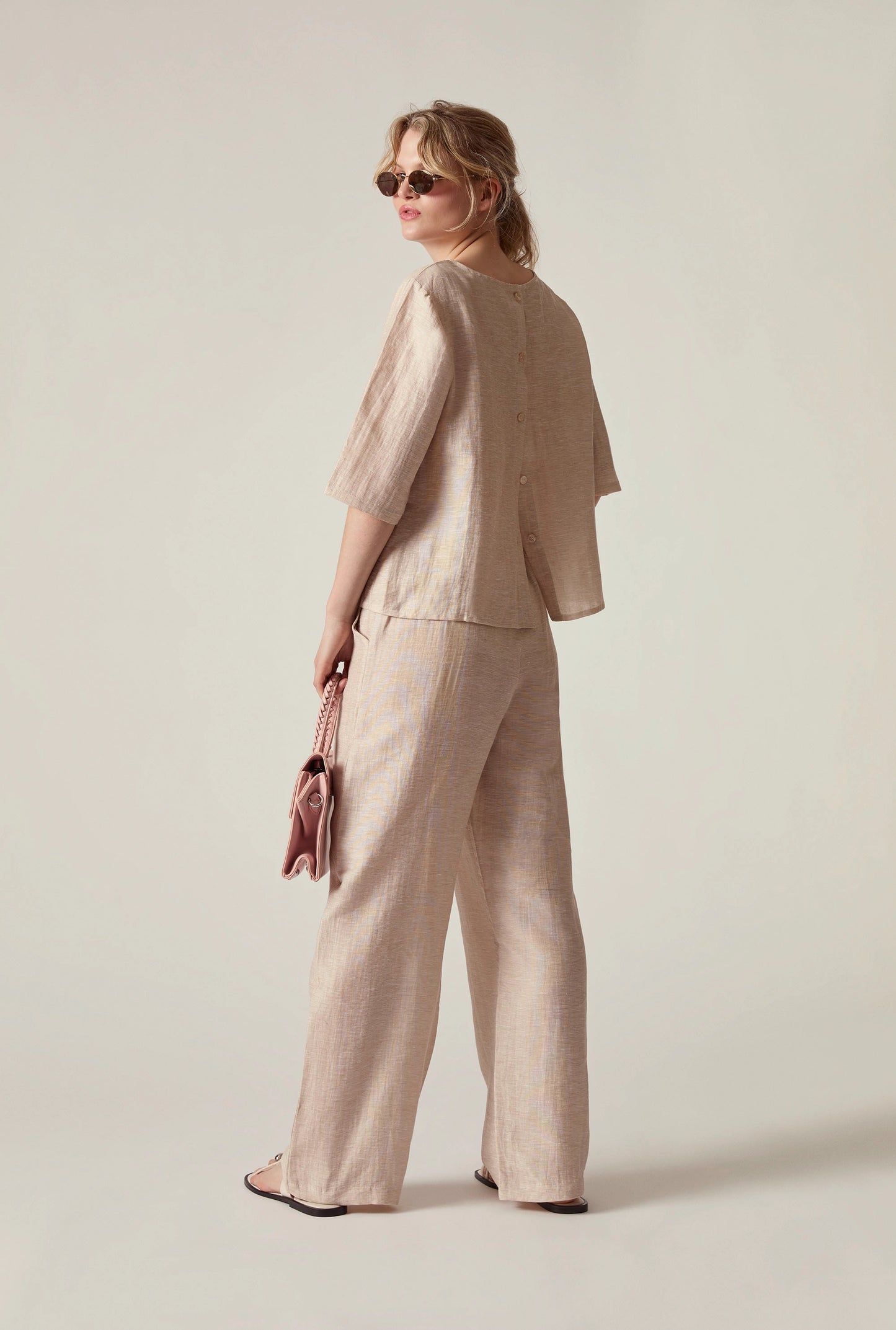 Beige Linen Blend Button-Back Top
