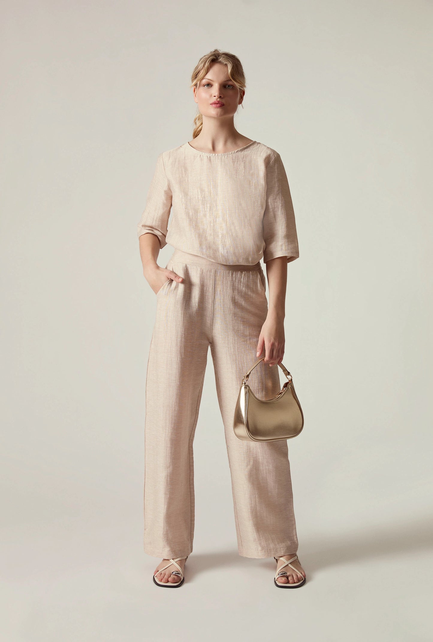 Beige Linen Blend Button-Back Top