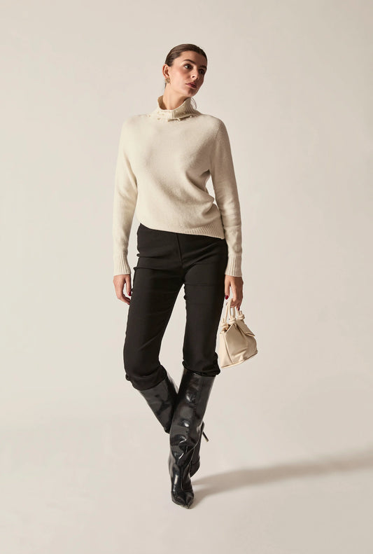 Beige Pearl-Embellished High-Neck Jumper