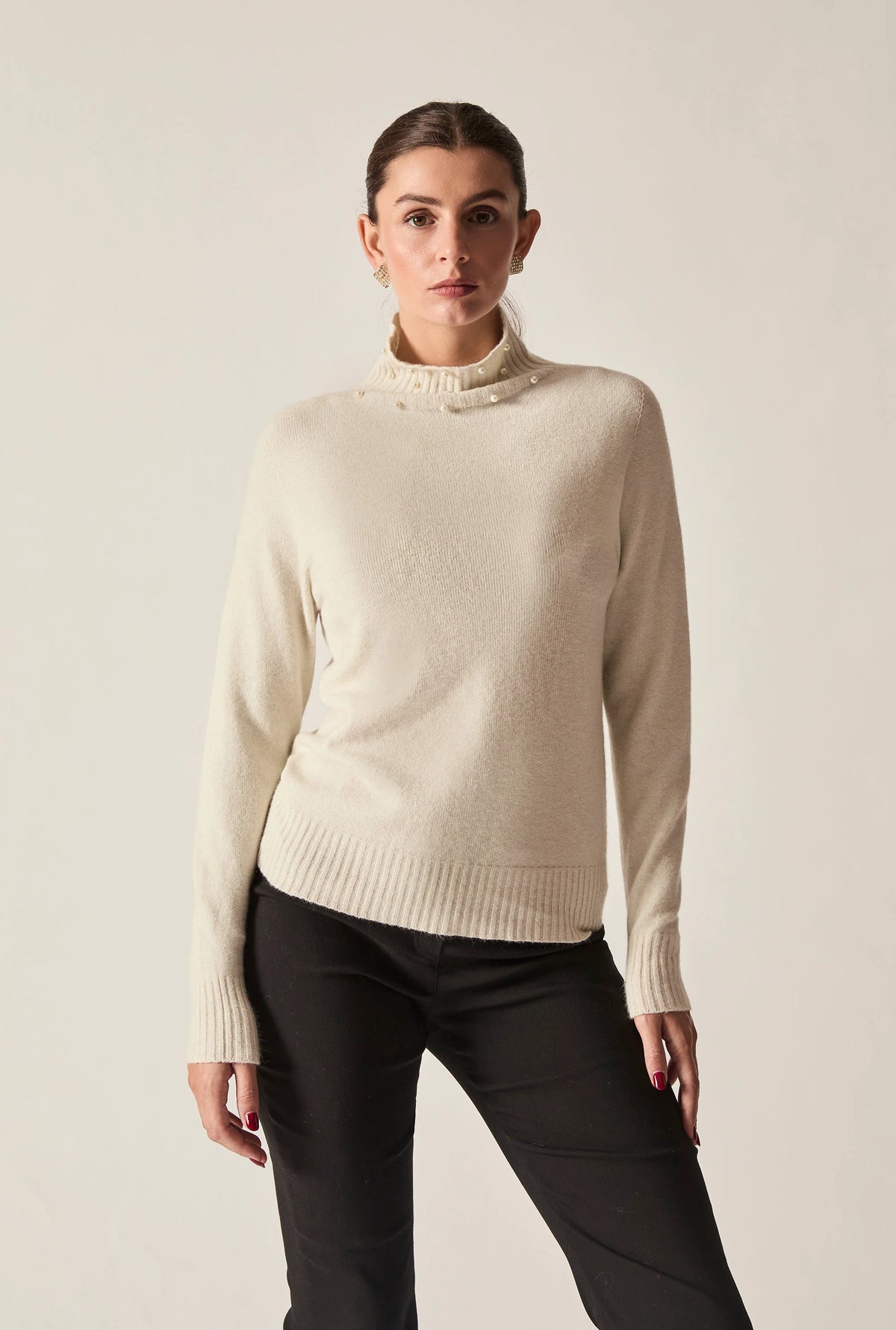 Beige Pearl-Embellished High-Neck Jumper