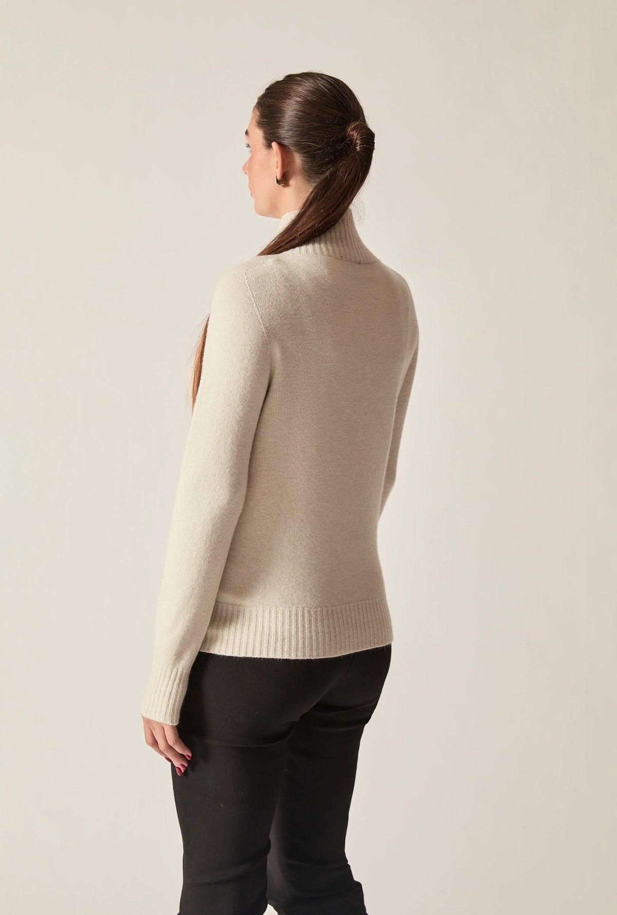 Beige Pearl-Embellished High-Neck Jumper