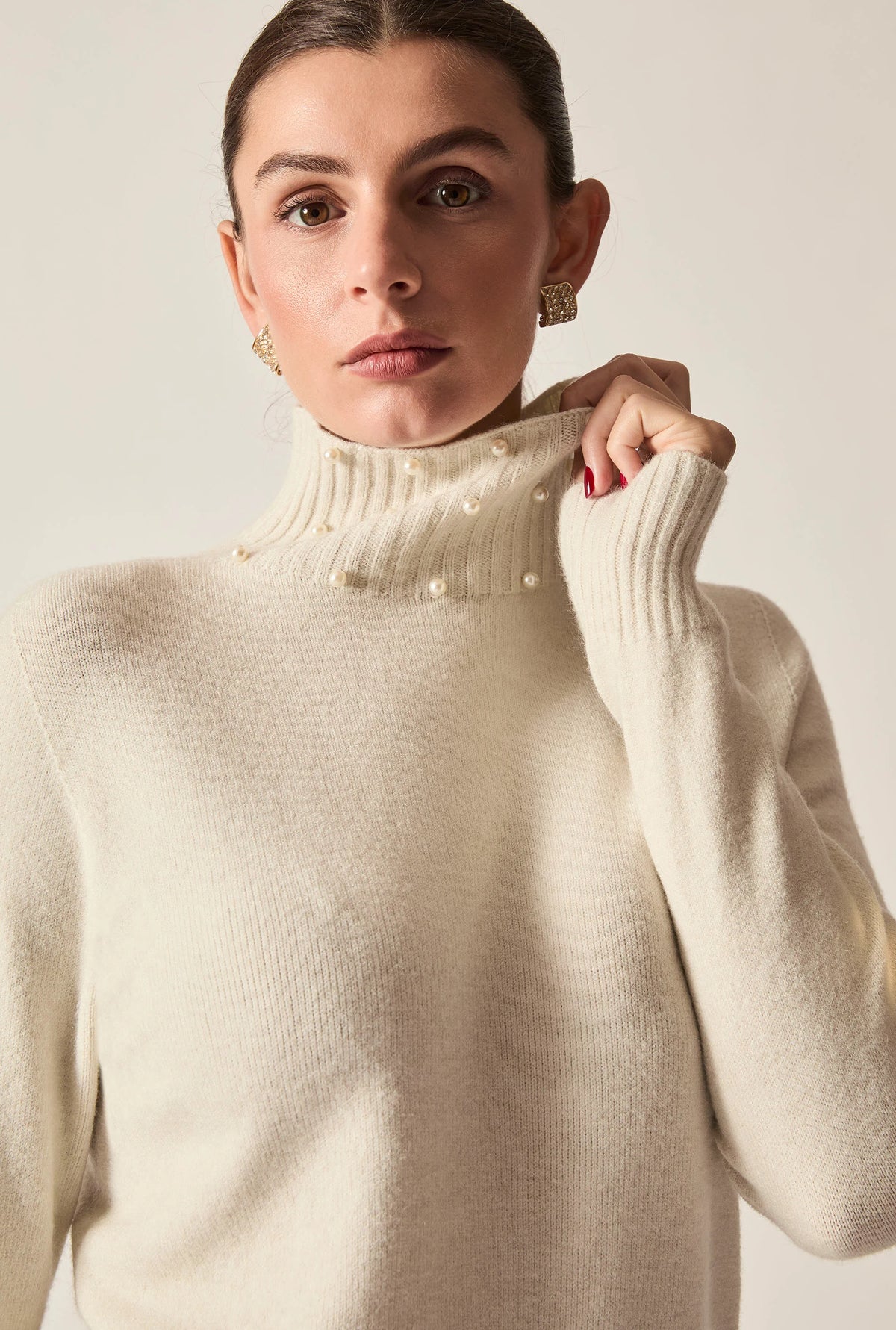 Beige Pearl-Embellished High-Neck Jumper