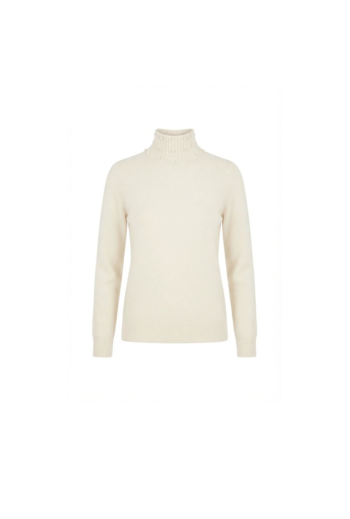 Beige Pearl-Embellished High-Neck Jumper
