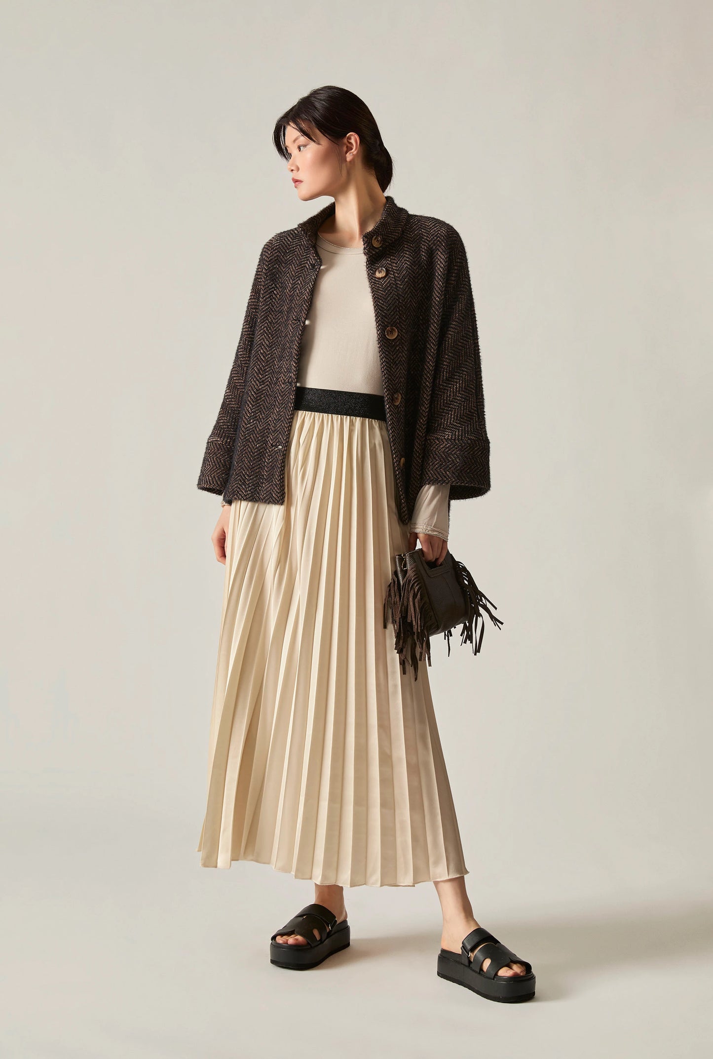 Beige Pleated Maxi Skirt